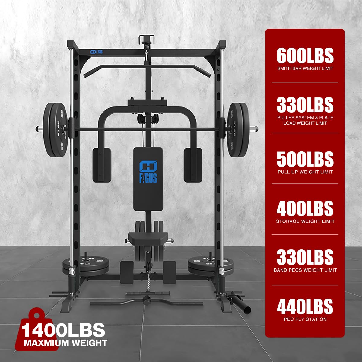 FAGUS Smith Machine Power Rack with Chest Fly Station & LAT-Pull Down System, Landmine, T-Bar Row Handle, Tricep Rope, Ankle Strap, Plate Storage Bars, Band Pegs and More Training Attachments, Black