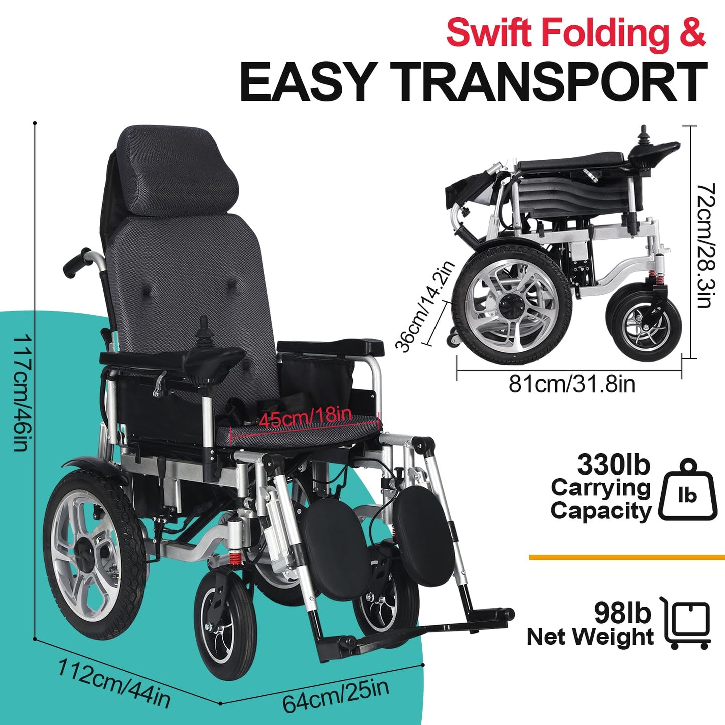 Reclining Foldable Electric Wheelchairs for Adults,Remote Control Electric Wheelchair,Lightweight Power Motorized Wheelchair,All Terrain Reclining Wheelchairs,Elder Mobility Aid-Airline Approved