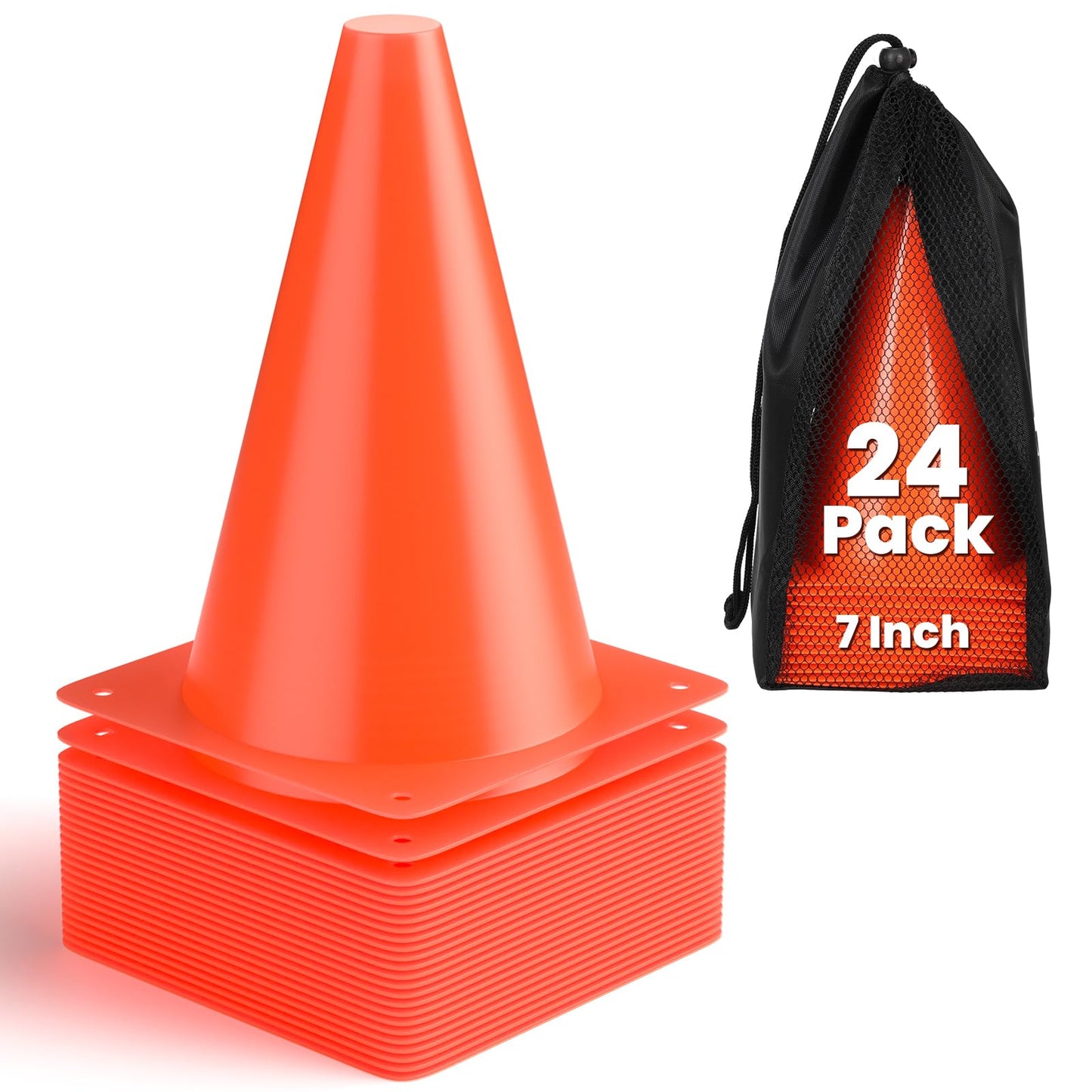 GHB Soccer Cones 7" 9" of 12 24 Pack Disc Soccer Sport Cones Training Field Marker Agility Cones for Basketball, Coaching, Practice Equipment Includes Drills Guide (7" 24Pcs Orange)