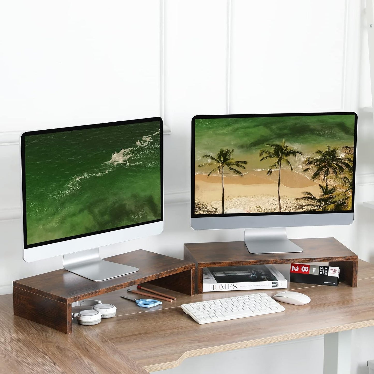 2 Pack Riser-20 inch, TEAMIX Monitor Stand Wooden Tabletop Shelf for TV/PC/Laptop/Printer, Rustic Brown Monitor Riser