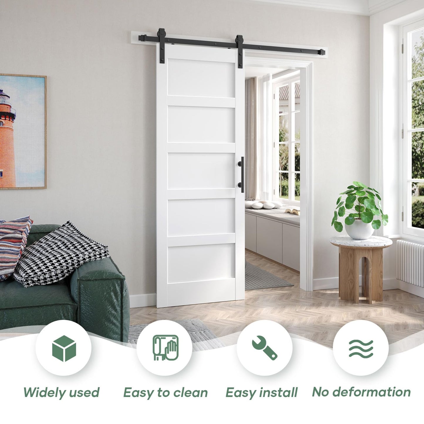 Fredbeck 30inx80in White Barn Door and 5.5FT Sliding Barn Door Hardware Kit Included,Solid,MDF, PVC Surface,DIY Assembly,5-Panel,Fit 27in-28in Opening