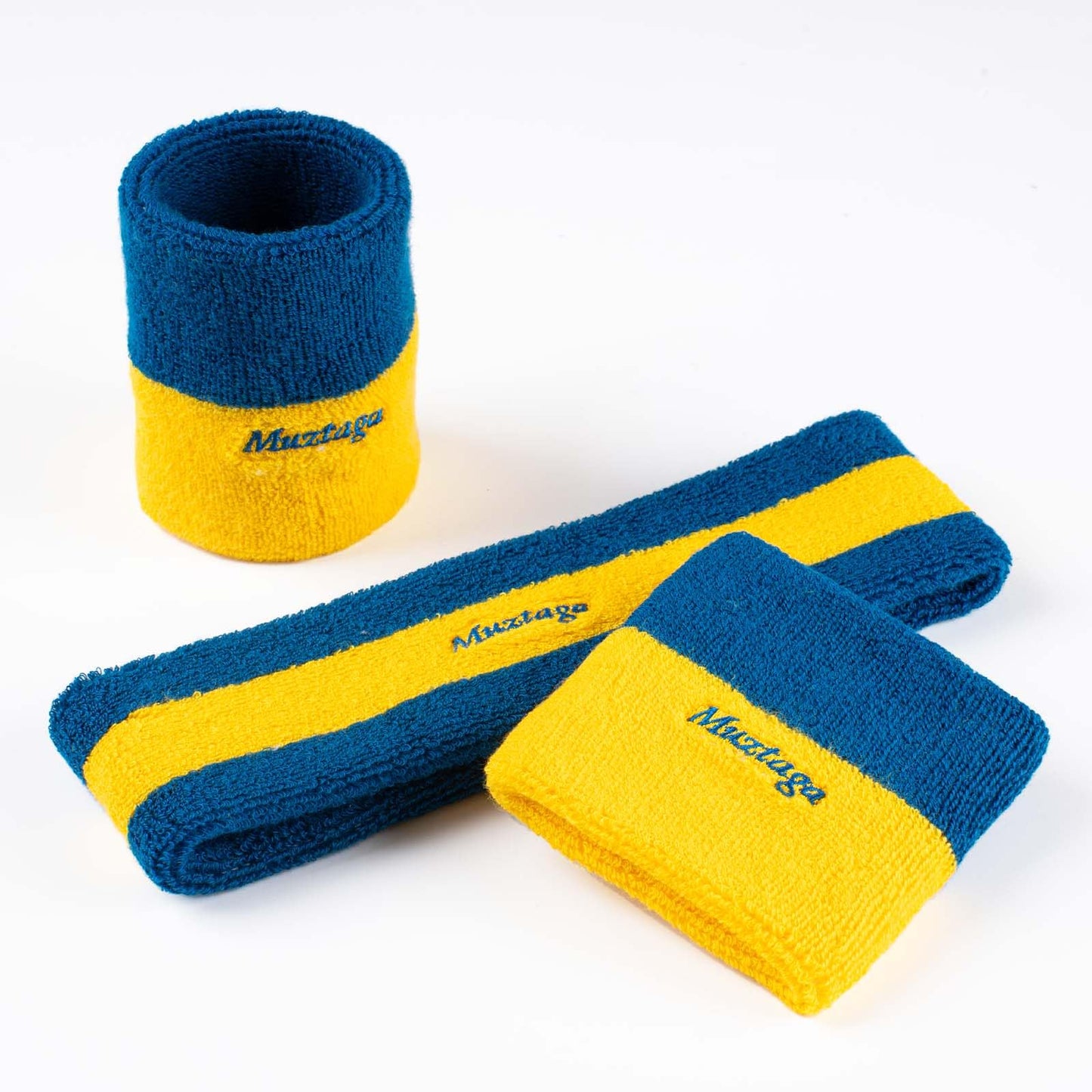 [3-Piece Set] Sweatbands for Men & Women - Includes 1 Headband & 2 Wristbands - Blue & Yellow Terry Cloth Athletic Sweat Bands - Moisture Wicking for Basketball, Tennis, Gym, Running