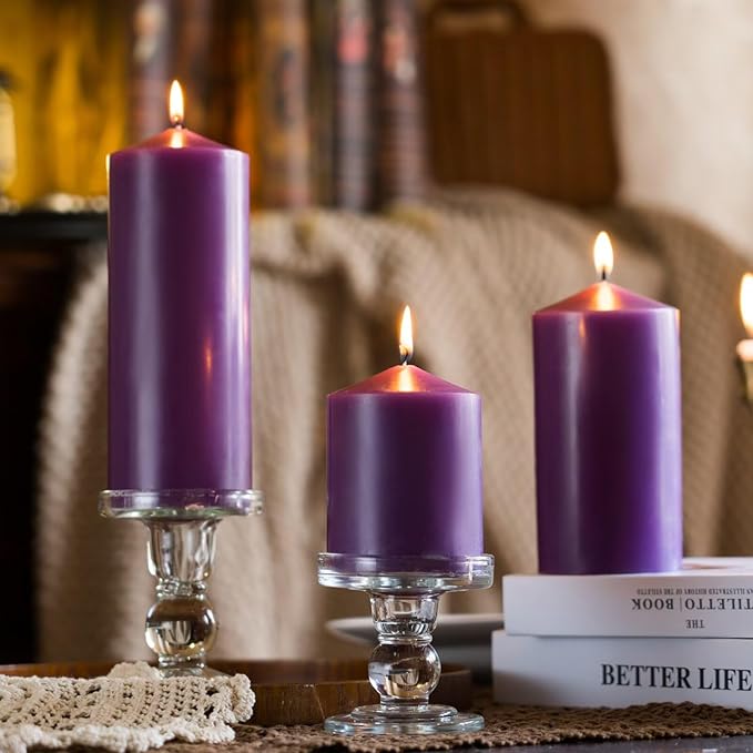 MOZEAL 3" x 4" Hand-Poured Unscented Purple Pillar Candles,Dripless Candles Set of 3,Smokeless,Clean Burning,Approx 60 Hours Burn Time,Wedding,Dinner,Christmas and Home Decor（3 Inch Width Series）