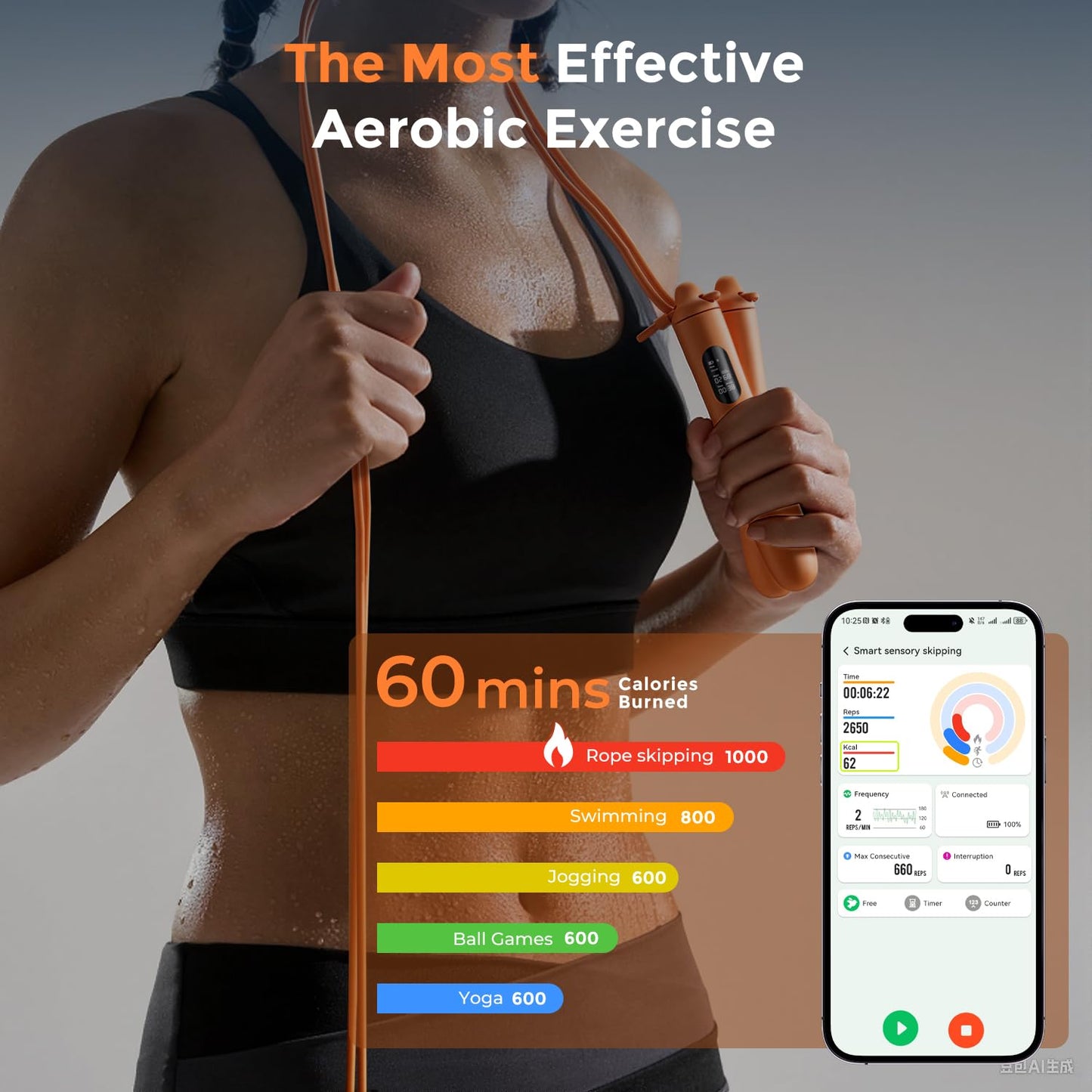 LVPIMAN Smart Jump Rope, Wireless Jumping Rope, Supports Game App Interaction, Suitable for Home and Gym exercise, Fitness Skipping Rope, Suitable for Women, Men, Adults and Children Orange