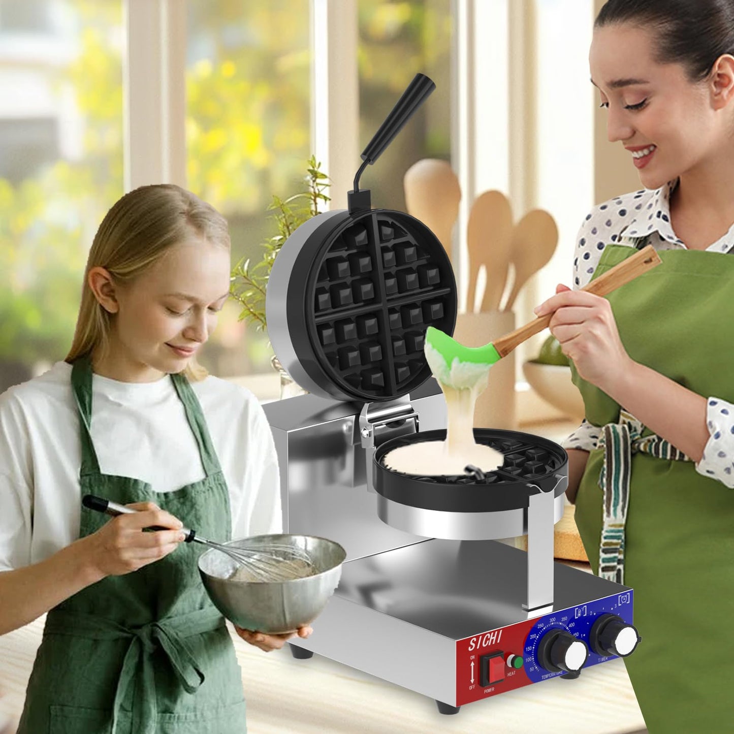 HTTSICHI Commercial Waffle Maker - Belgian Waffle Maker w/Non-stick Baking Pan and 550℉ Heating, 1200W Rotating Waffle Iron for 1.2" Thick, Stainless Steel Round Waffle Machine for Restaurant