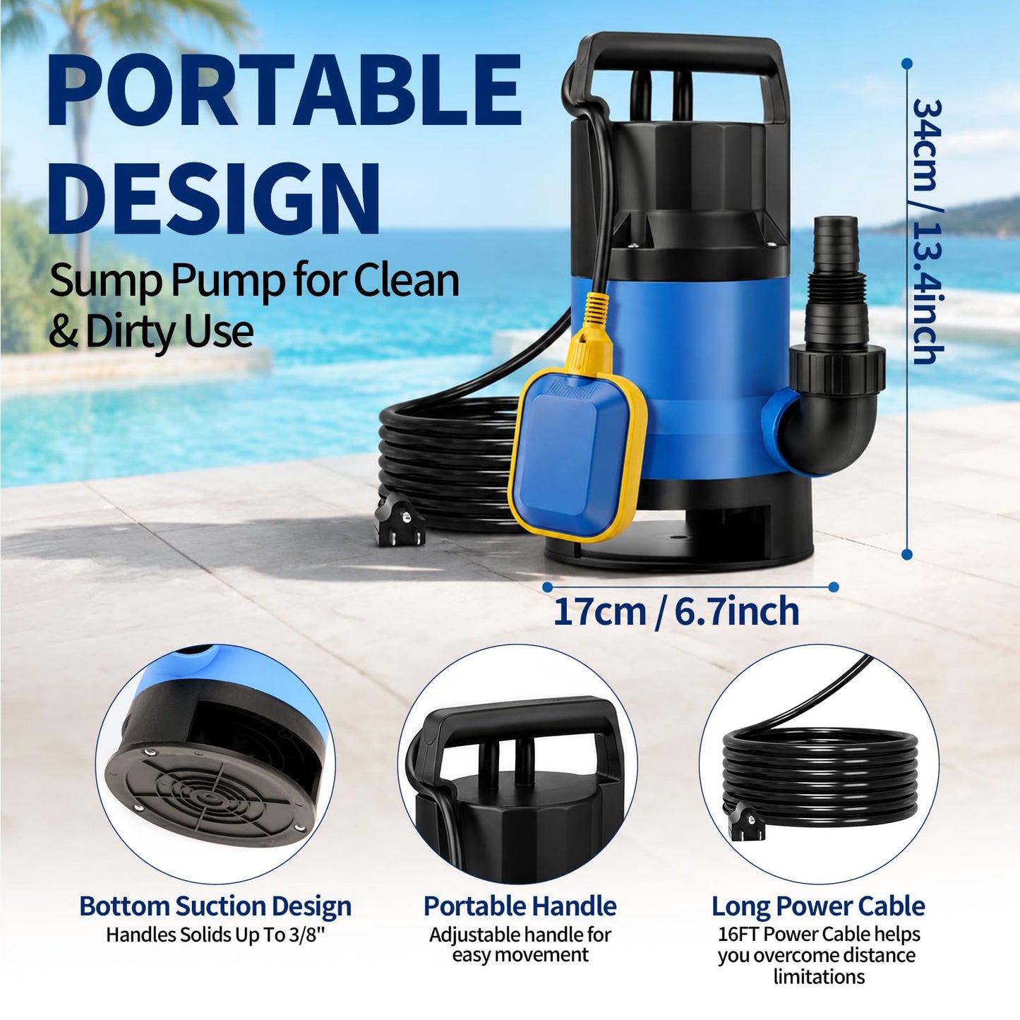 Poofata 1.1HP Submersible Sump Pump, 4600 GPH Electric Water Pump with Automatic Float Switch, Portable Utility Pump for Pool Draining, Basement, Outdoor Ponds, 16 FT Cord