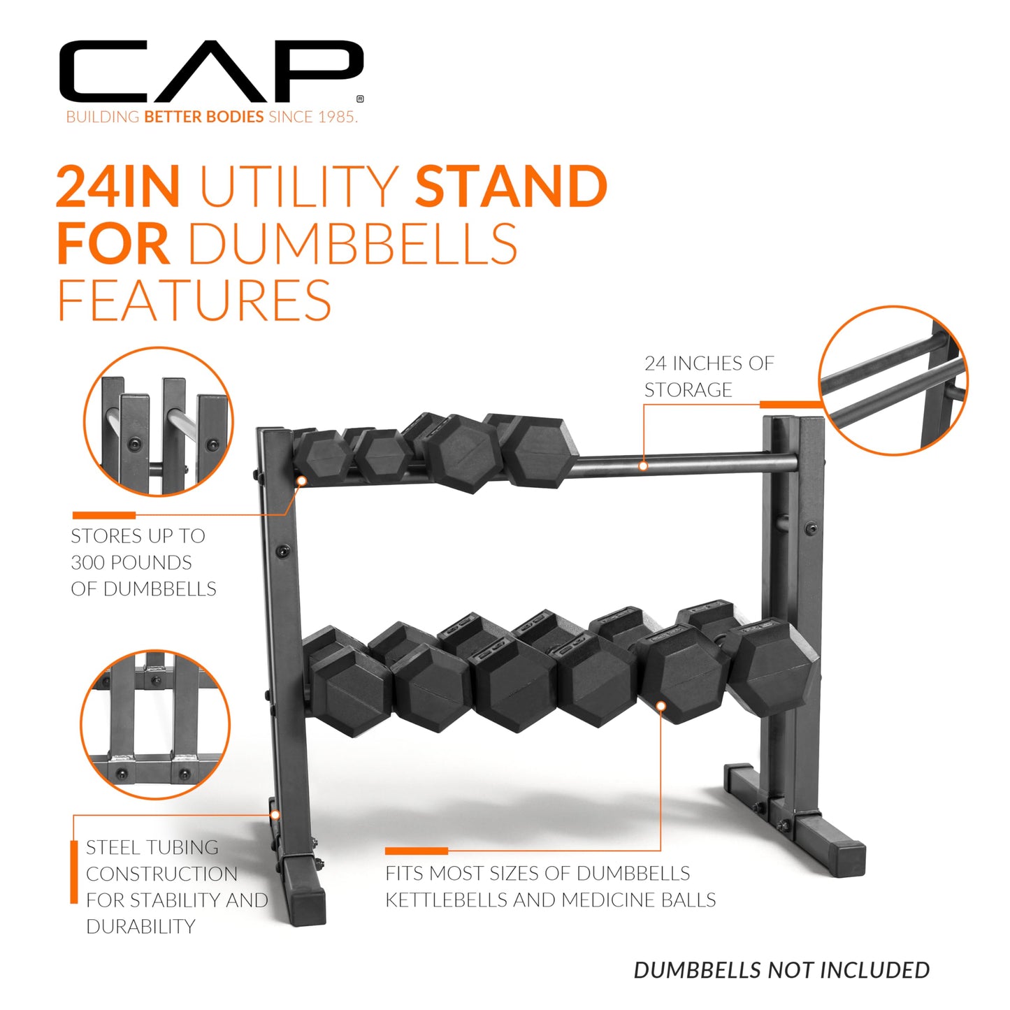 CAP Barbell 24" Dumbbell and Kettlebell Rack – Compact Weight Storage for Home Gym, Holds Dumbbells, Kettlebells & Medicine Balls