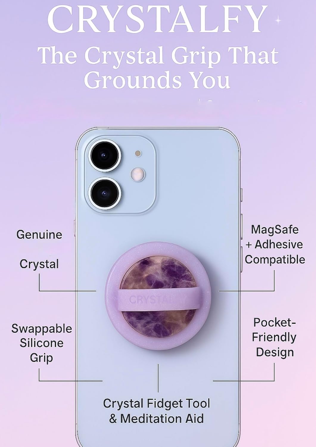 CRYSTALFY Grips by Rose Quartz Crystal Magnetic Phone Ring Grip Silicone Slim Phone Holder with Swappable Natural