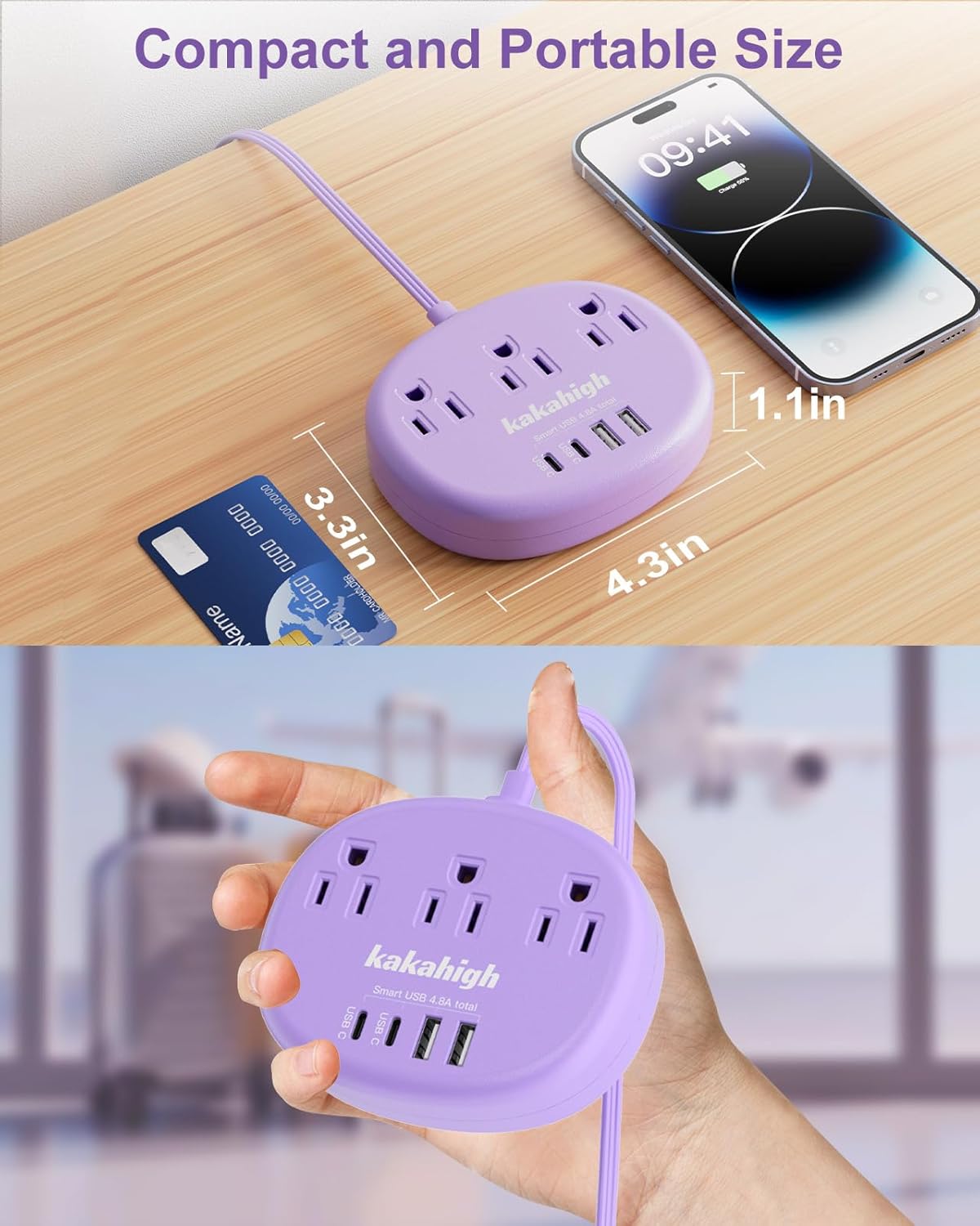 kakahigh 5 1625W 3 4 (24W/4.8A), Purple Extension Cord with USB C - FT Flat Power Strip, Cute Extension Cord with AC