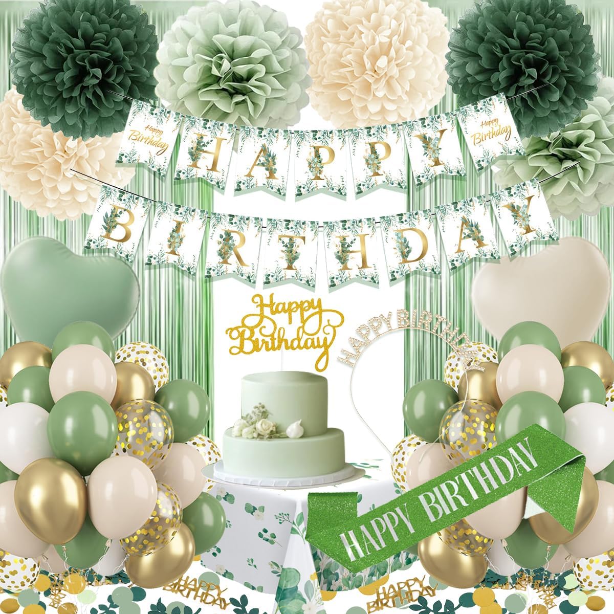 Sage Green Birthday Decorations Set - Balloons, Banner, Pom Poms & Crown for Boho Parties