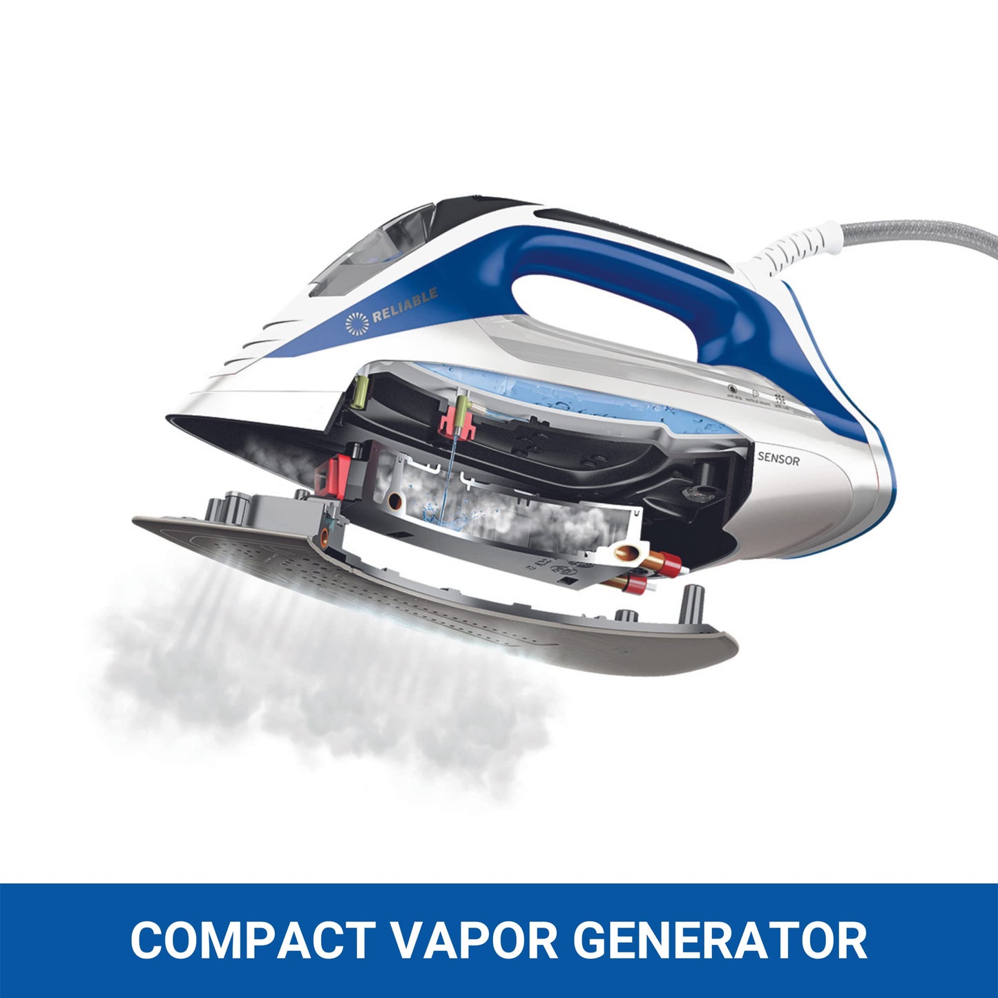 Reliable Velocity 240IR Steam Iron for Sewing, Quilting and Clothes, 1800W Compact Vapor Generator, Leak Free Continuous Steam, Touch Activated Control, Scratch Resistant and Easy to Clean Soleplate