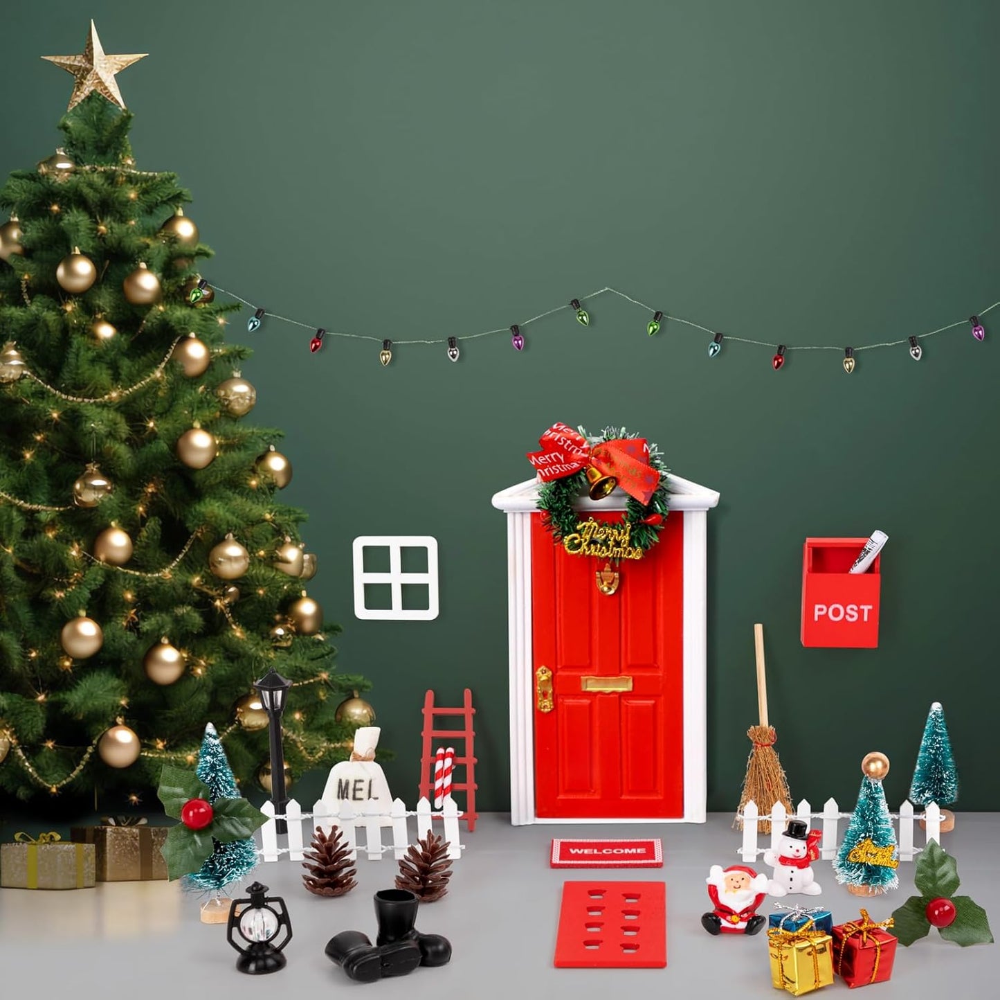 Skiennix Christmas Elf Fairy Door Kit - 31Pcs Miniature Wooden Garden Decorations (Red)