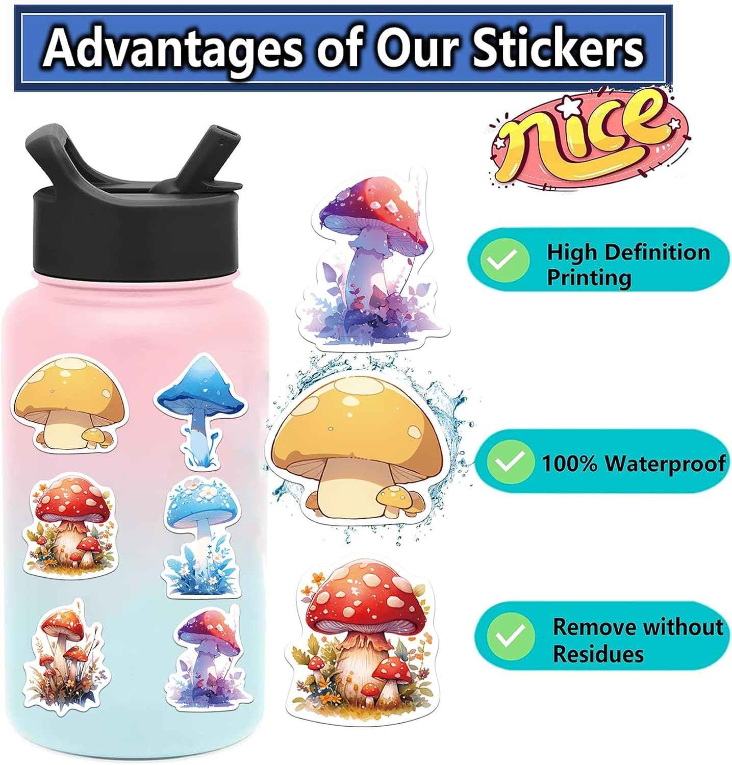 LIXIUDU 50 Pack Pcs Mushroom Cartoon Stickers for Kids Teens Adults Chanterelle Aesthetic Vinyl Decal Water Bottle