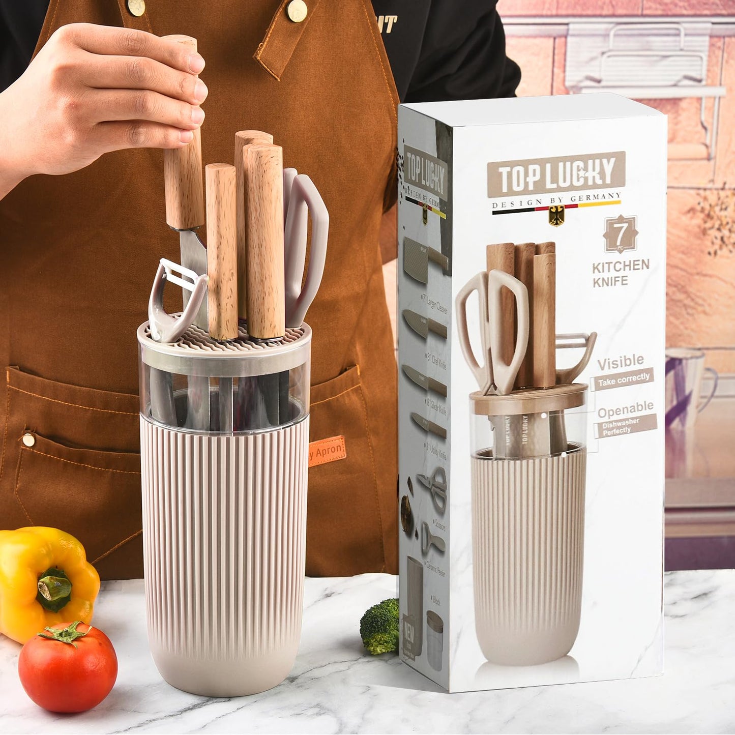 TOPLUCKY Knife Set, 7-Piece Kitchen Knife Set with Sharp Chef and Meat Knives, Anti-Rust Utility Knives Set for Kitchen, Kitchen Knife Block Set – Khaki