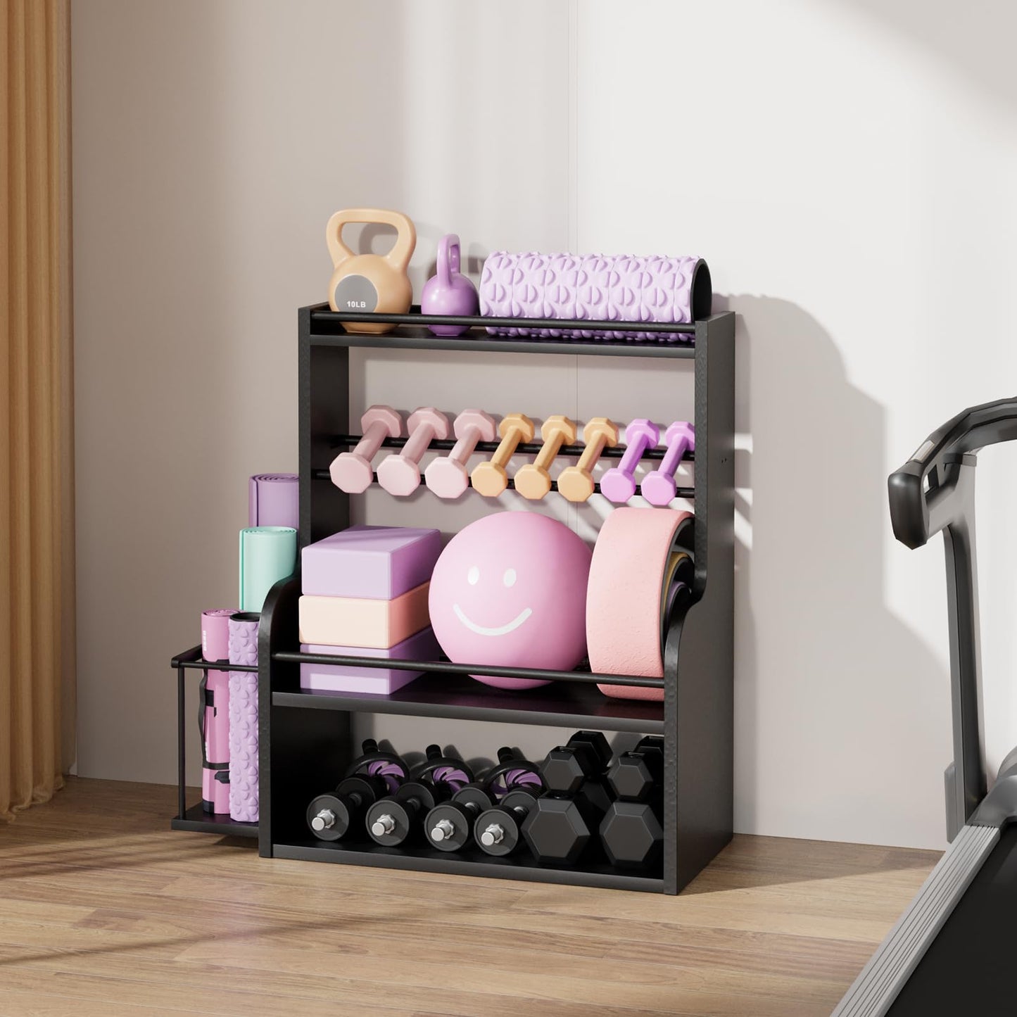 APRTAT Bamboo Dumbbell Rack, Adjustable Weight Rack for Home Gym, All-in-One Workout Equipment Storage for Dumbbells, Kettlebells, Yoga Mats & Balls（Black）