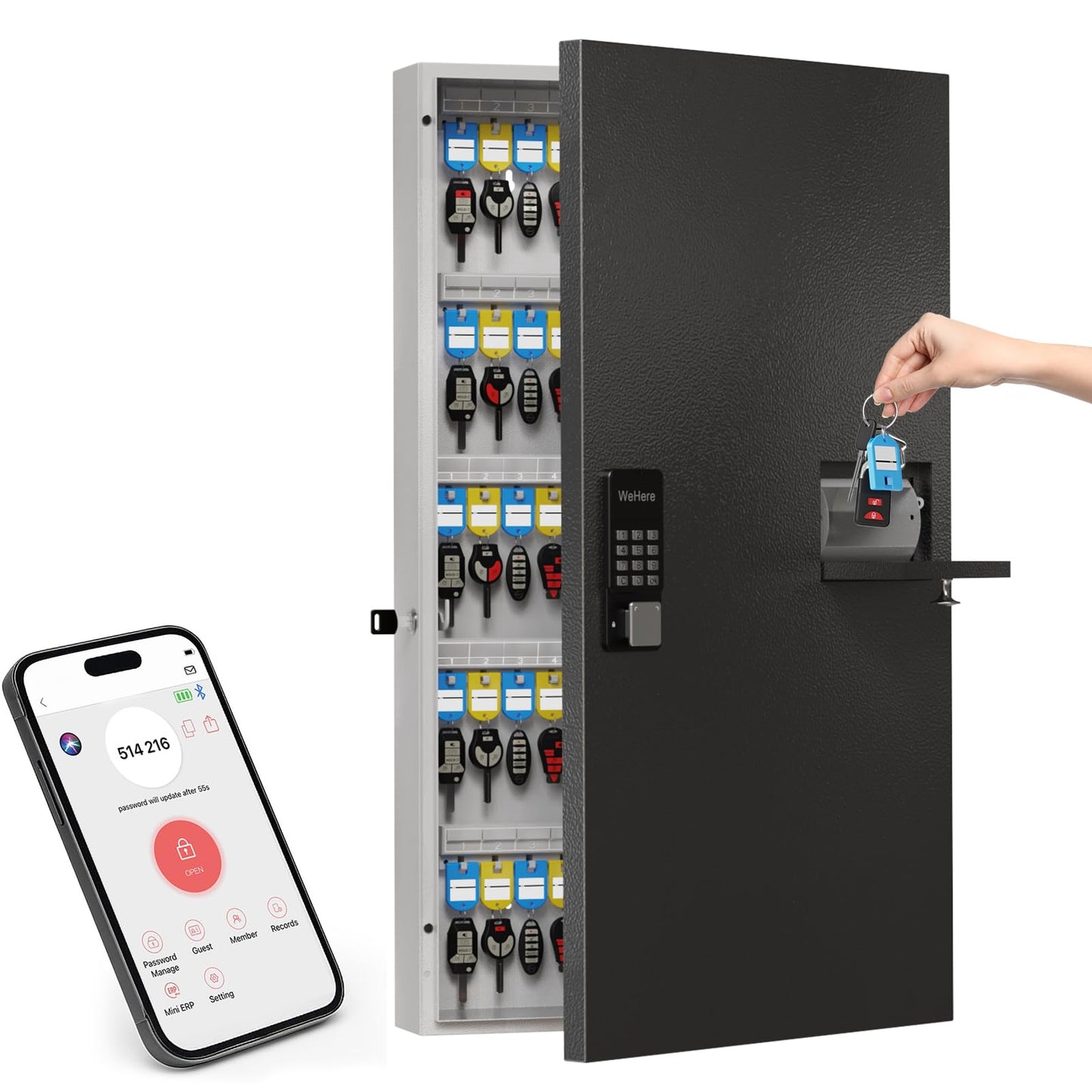 WeHere 104 Keys Lock Box, Key Management Cabinet Key with Drop Slot, APP Bluetooth, Digital Keypad, & WiFi Unlock, Access Log Tracking, Key Return Box for Hotel, Car Dealerships, Office, School
