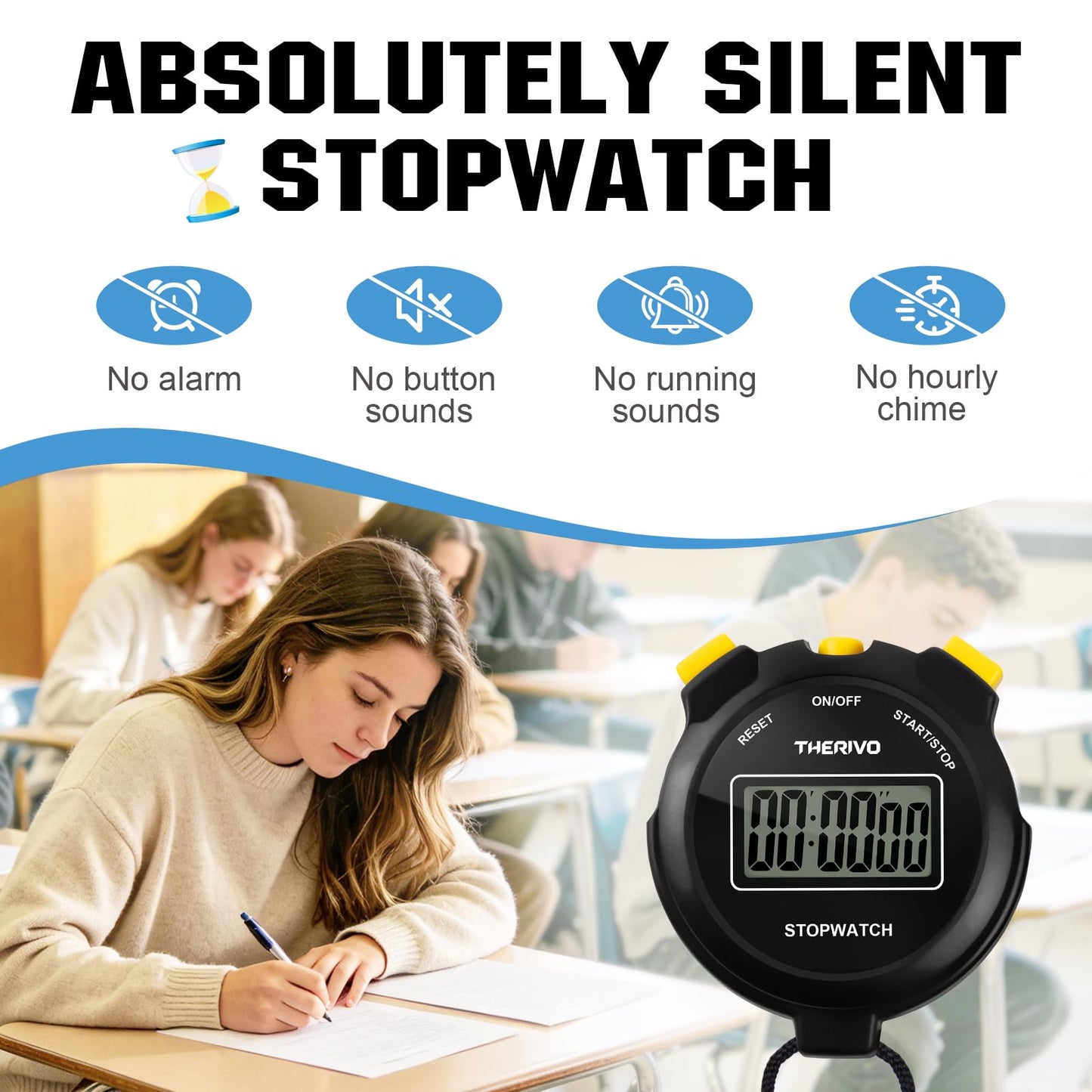 Therivo 2 Pack Digital Simple Silent Stopwatch Timer: Basic Stopwatch Only (No Laps), Easy to Use, Read, and Carry with Intuitive Buttons — On/Off, Large Display, Ideal for Kids, Sports, Coaches
