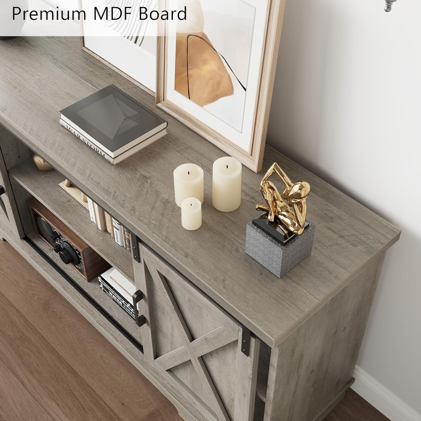 IDEALHOUSE Farmhouse TV Stand for 65 Inch TV, Entertainment Center with Sliding Barn Doors and Adjustable Shelves, TV Stand with Storage, Modern Storage Media TV Console for Living Room Bedroom, Grey