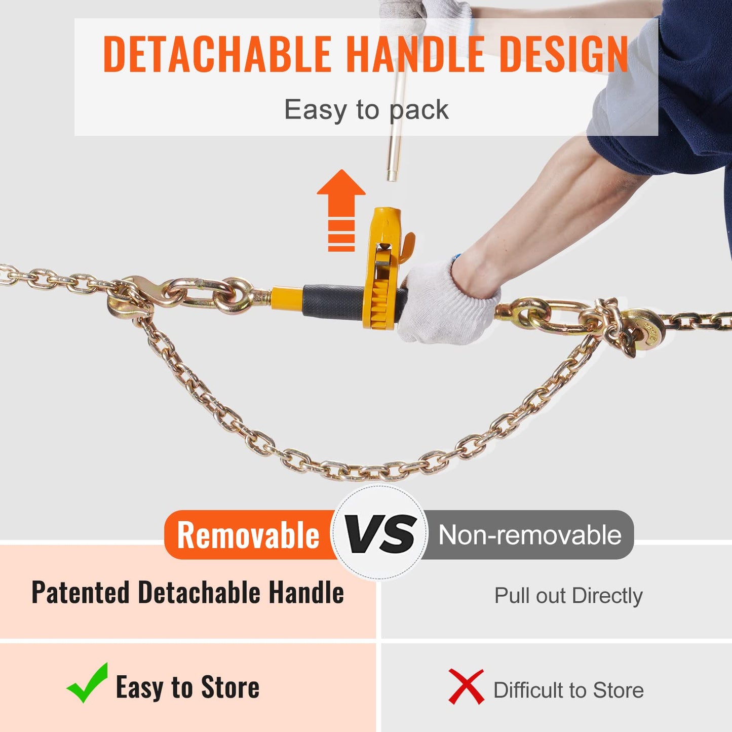 VEVOR Ratchet Chain Binder 3/8-1/2 12000 lbs G80 Hook Detachable Handle Heavy Duty Load Binder, Tie Down Hauling Chain Binders for Flatbed Truck Trailer, Black & Yellow