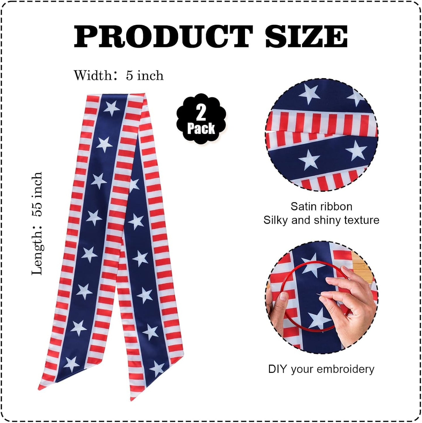 YKW Patriotic Wreath Sash - Premium Cotton Linen, 2 Pack, 5" W x 56" L, Red White Blue Stars & Stripes Decor