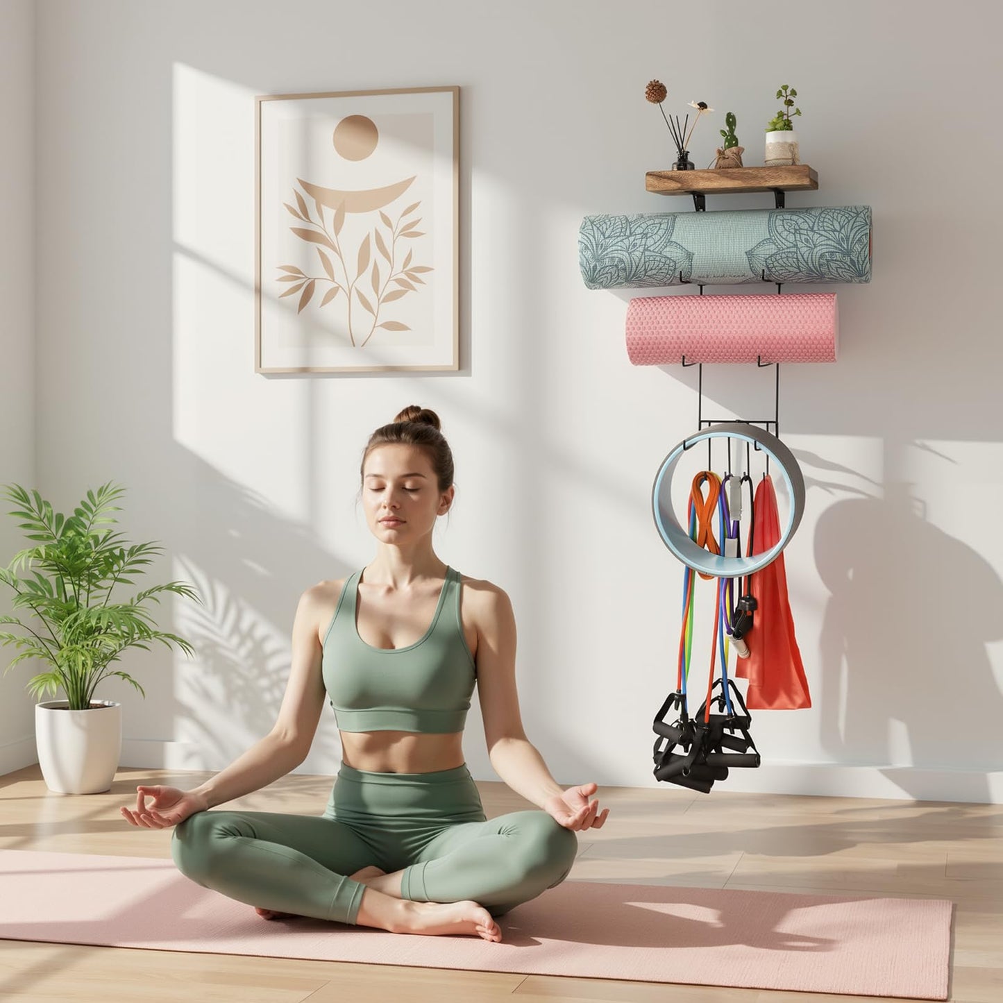 VINAEMO Yoga Mat Holder Accessories Wall Mount Organizer Storage Decor Foam Roller and Towel Storage Rack with 4 Hooks and Wooden Shelves Yoga Mats Rack Resistance Bands for Home Gym School Office