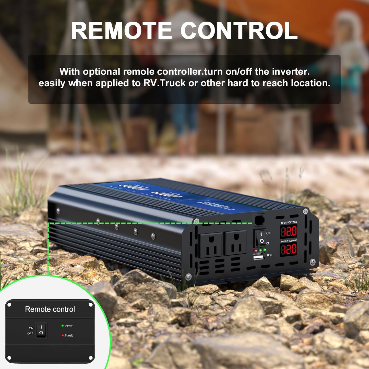 3000W Power Inverter 12V DC to 110V/120V AC Converter, 6000W Peak, LCD Display & Remote Control, Dual AC Outlets & USB Port for RV Truck Solar System, Emergency Backup, Outdoor Camping