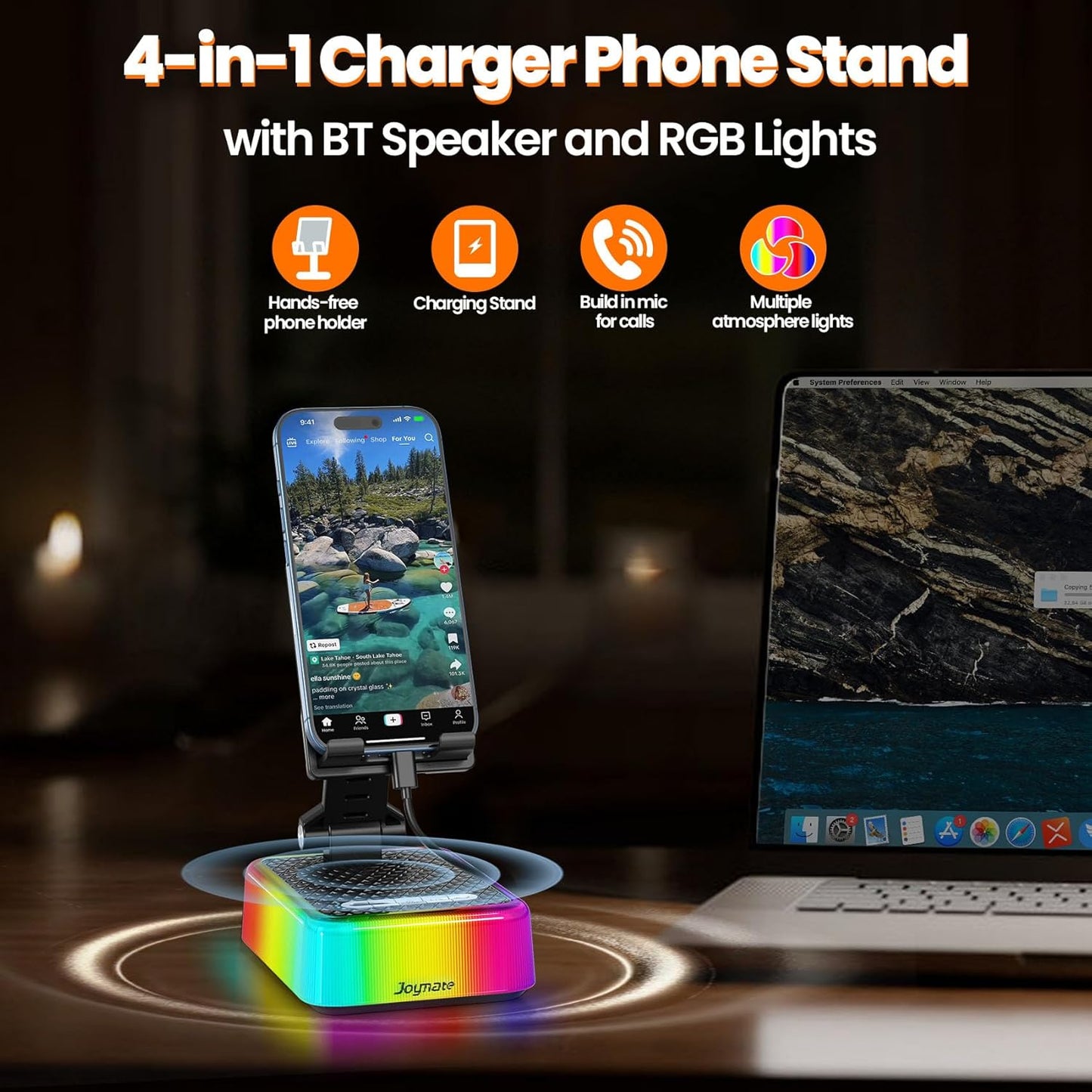 Joymate Gifts for Men and Women, Charger Phone Stand with RGB Lights and Bluetooth Speaker, Birthday Gifts