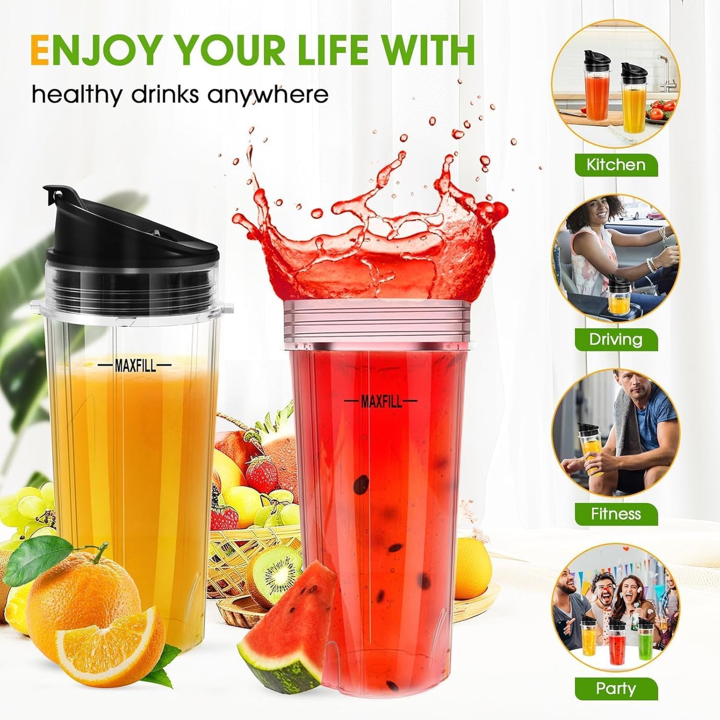 Ninja Blender Cups - 16oz Replacement 3-Pack with Lids | Compatible with QB3001SS, BL770, BL780, BL660, BL740, BL810, Nutri Ninja Series
