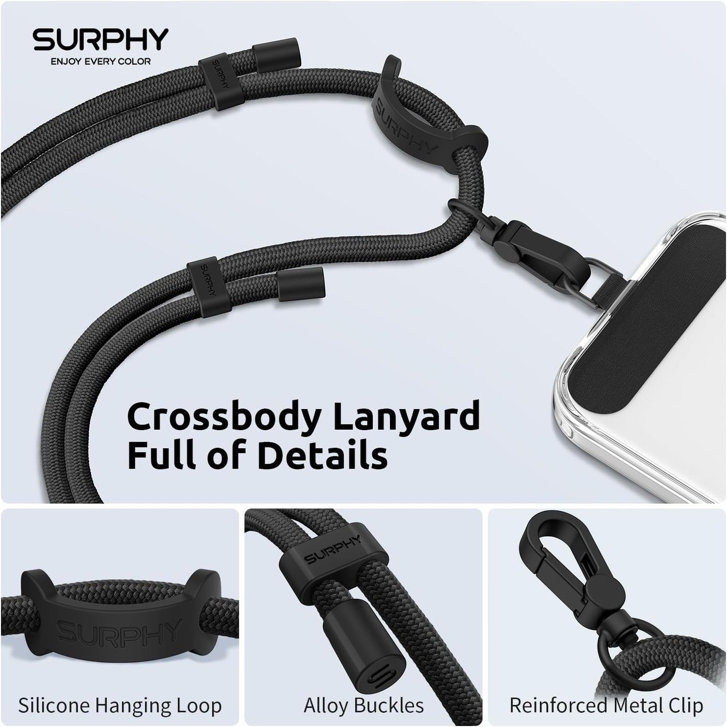 2 Pack SURPHY Phone Lanyard, Adjustable Phone Strap Crossbody with Cell Phone Tether Tab, Premium Metal Buckles