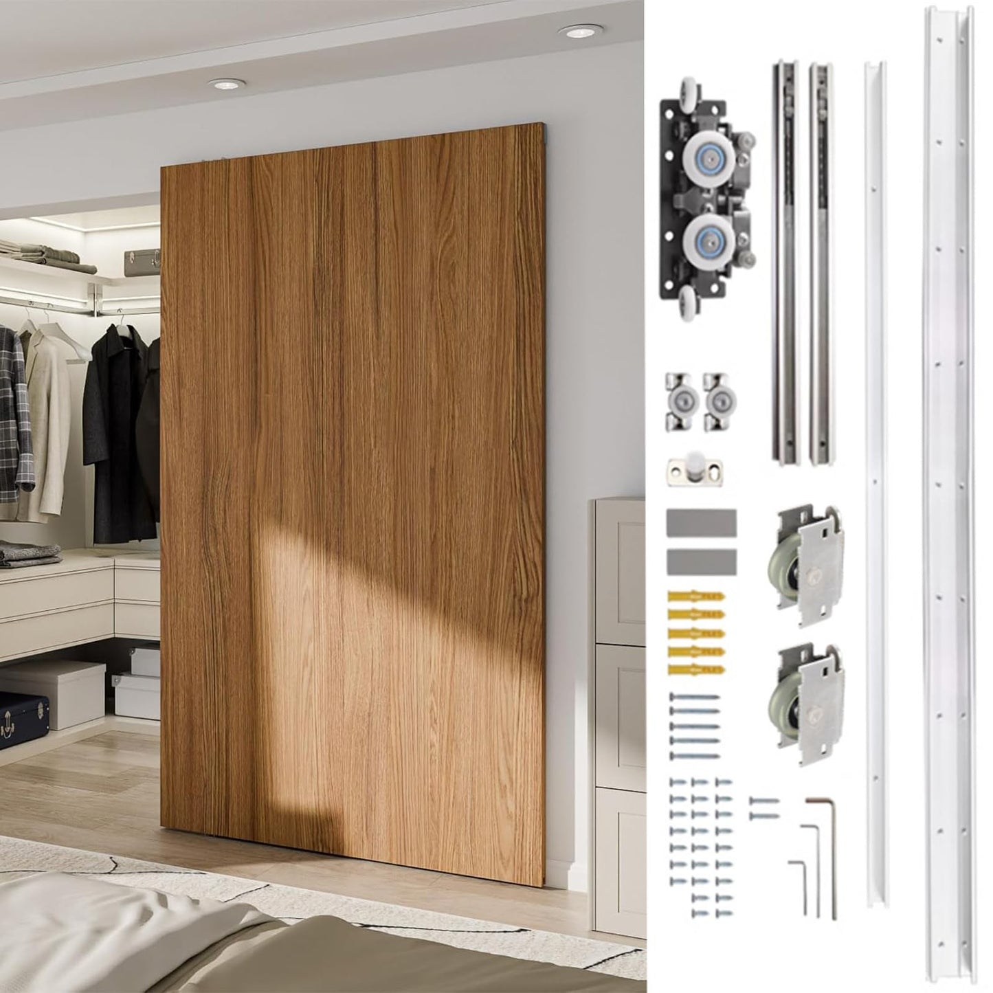 Jisano 1pcs 27.6-47.2 Inch Hidden Sliding Barn Door Hardware and Track, Floating Wall Mounted Invisible Sliding Door Track, Soft Close, Quiet, Easy to Install
