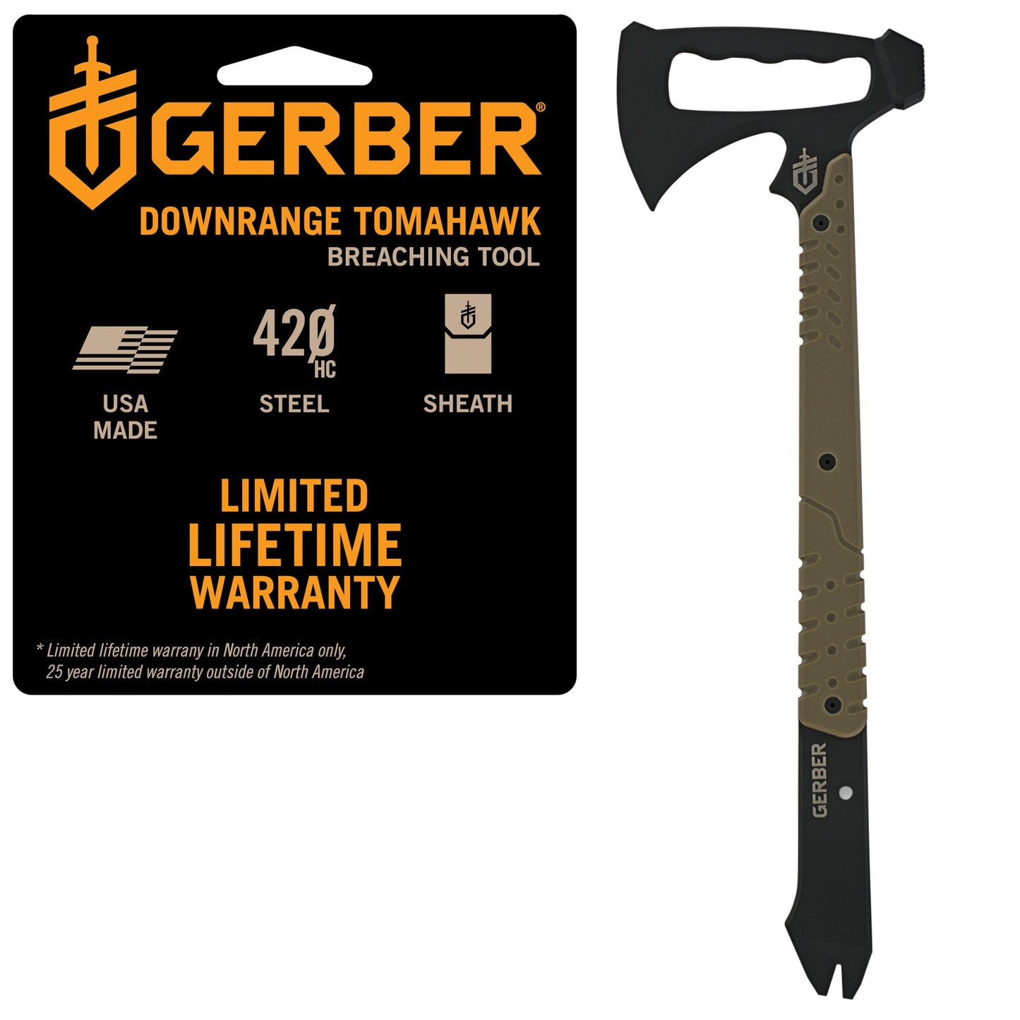 Gerber Gear Downrange Tactical Tomahawk Survival Multitool, Made in USA Camping Axe with Hammer Head and Steel Pry Bar, Includes Sheath with Integrated Molle Straps