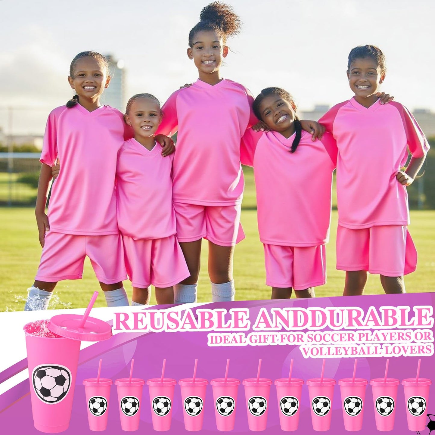 Domensi 12 Pcs Sport Soccer Plastic Cups with Lid and Straw 24 oz Reusable Plastic Cups Coffee Tumblers Gift for Fan Friend Guest Birthday Office Sport Party Supplies (Pink)