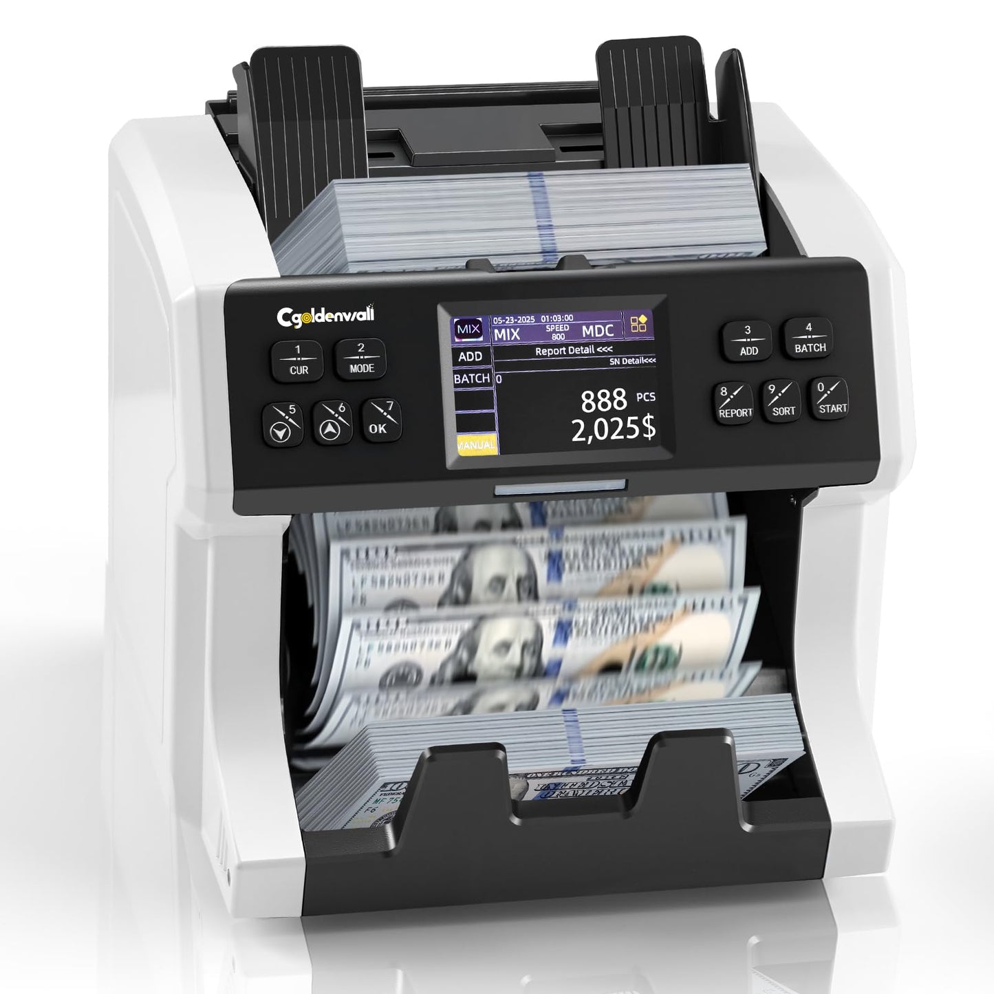 CGOLDENWALL Money Counter Machine Mixed Denomination,Bank Grade Cash Counter 2CIS/UV/IR/MG Counterfeit Detection,Serial Number,MUL Currency Value Counting, Sort&Printer Compatible Bill Counter,1500N/M