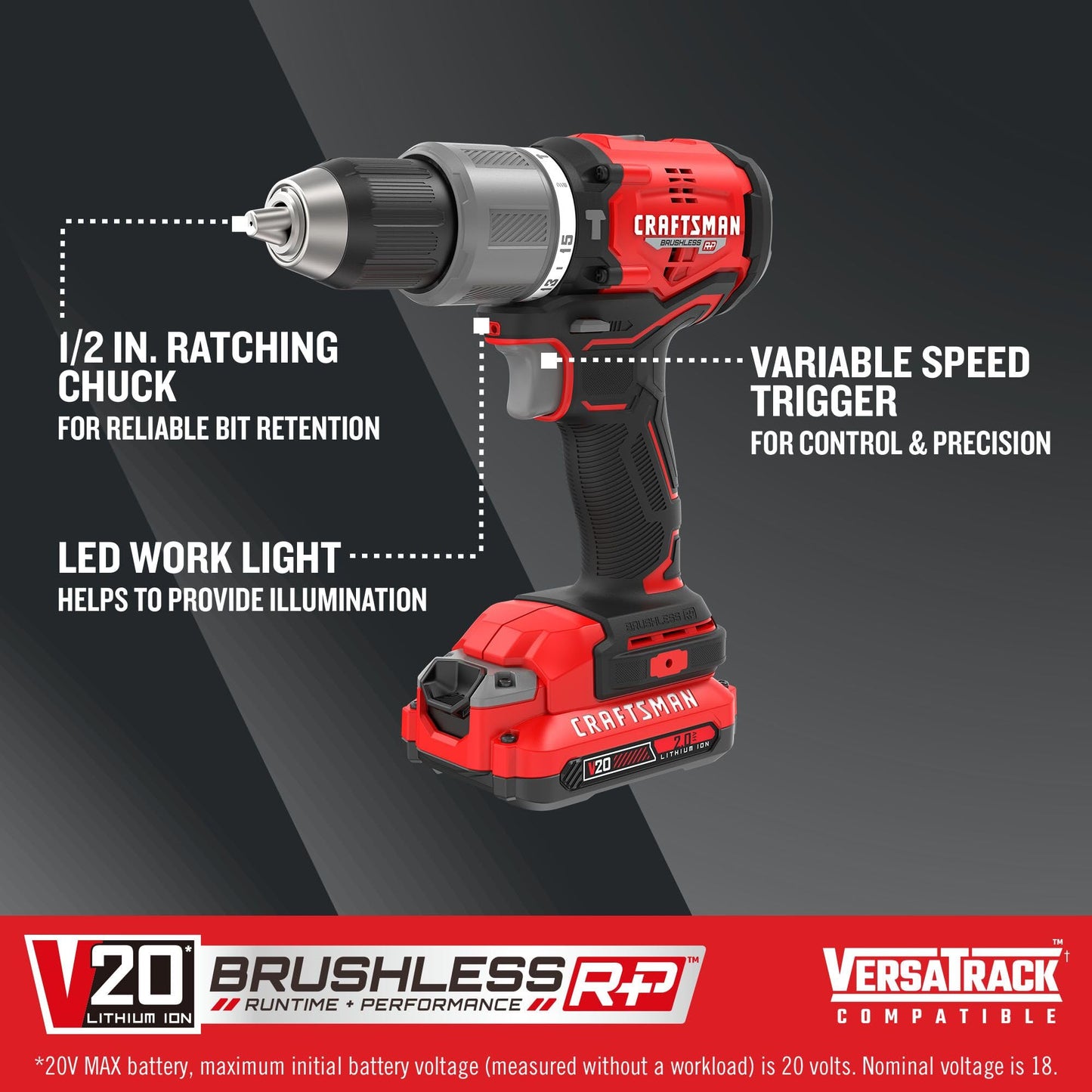 CRAFTSMAN V20 Cordless Hammer Drill Kit, 1/2 inch, 2 Batteries and Charger Included (CMCD732D2), Black
