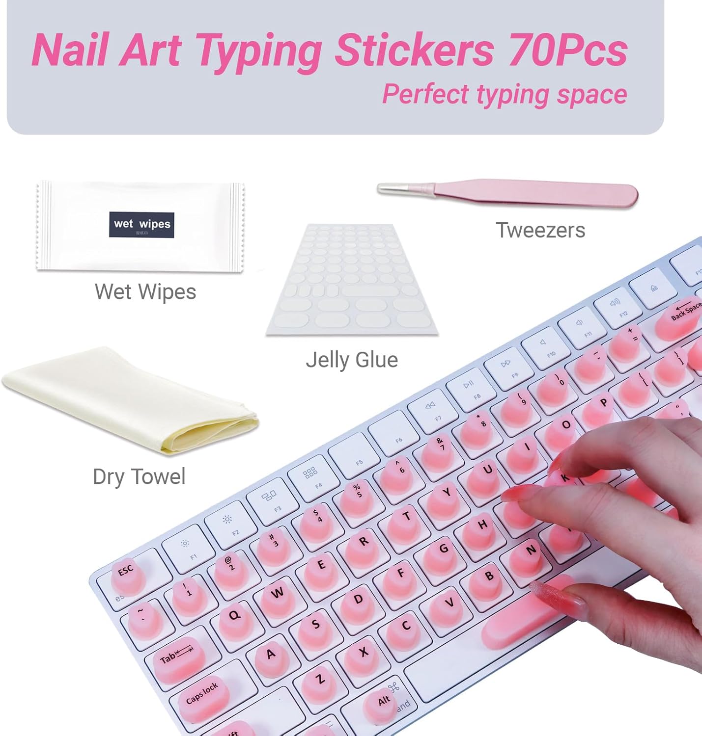 WANTHER (70 Raised Keyboard Stickers for Long Nails with Letters - Heart-Shaped Antistatic Silicone Protective Cover