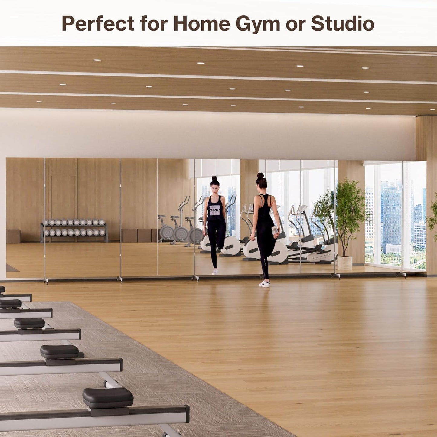 Full Length Stand Up Mirror on Wheels,63''×67'',Large Tri-Fold Floor Mirror with Stand,Movable 3-Way Full Length Standing Mirror for Gym, Dance Studio, Fitness Room, and Home (White)