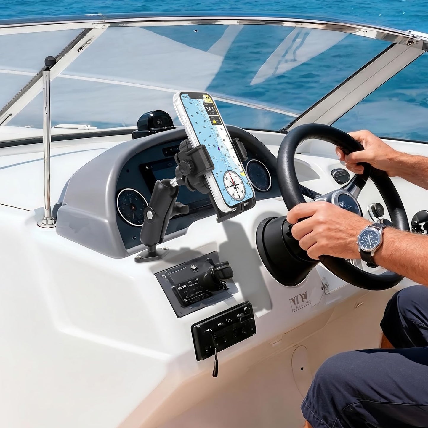 FPN Heavy Duty Phone Mount Holder with Vibration Dampener for Boat Truck Car [Camera Friendly] [1s Lock & Release] [Aluminum Screw-Mounted AMPS Diamond Base & Medium Arm], Fits 4.7-7.2" Cell Phones