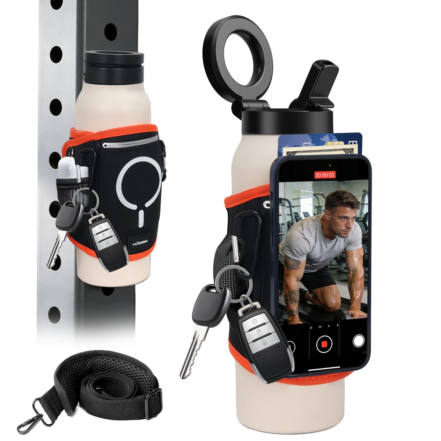 Magnetic Gym Water Bottle Bag（Max 32OZ） & Holder with Magnetic Phone Pocket, Keys & Bluetooth Earphone Storage, Gym Accessories Organizer with Card & Cash Pocket
