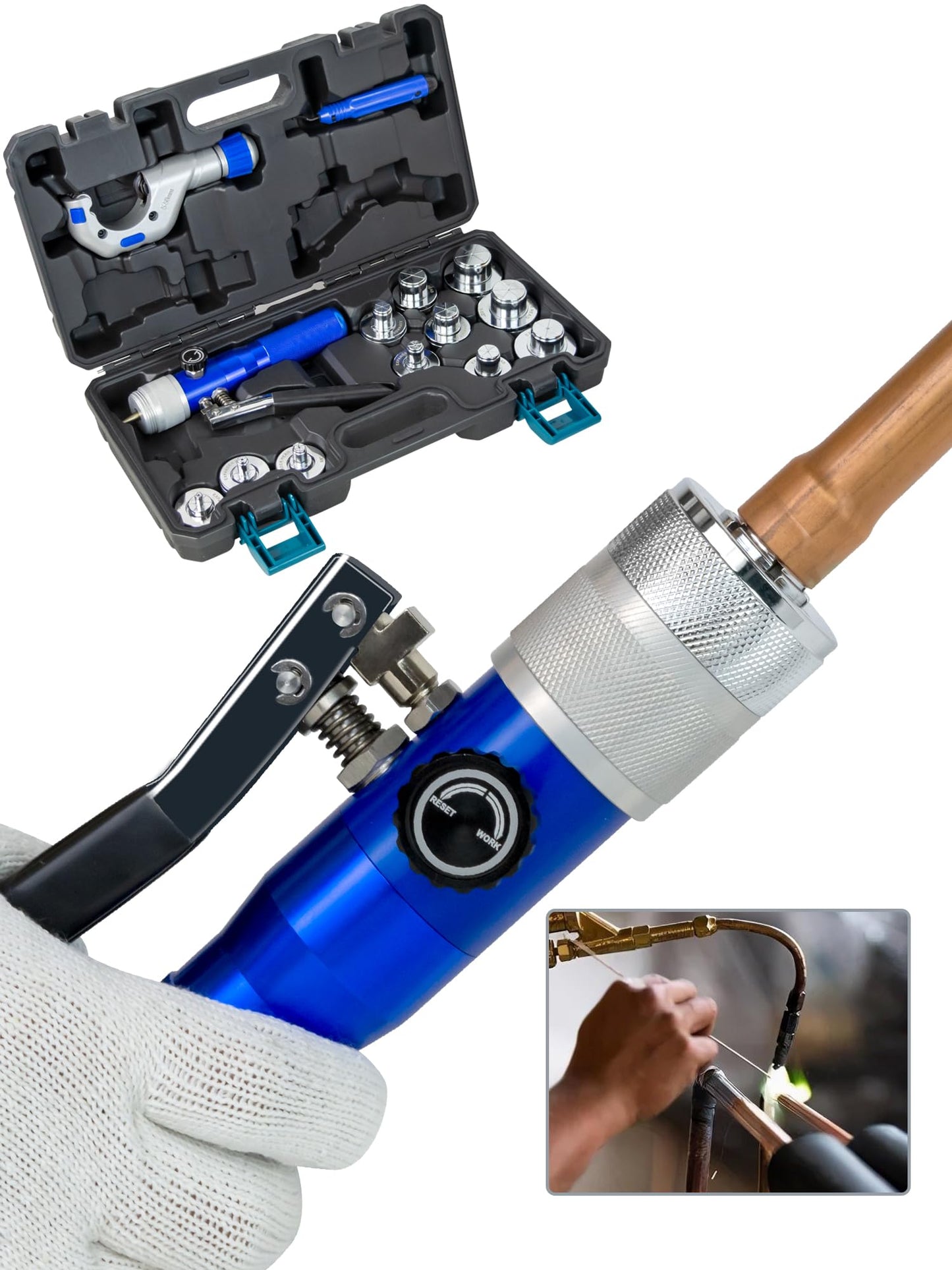 AMZCNC Hydraulic Tube Expander Compact Swaging Tool Kit with Tube Cutter, Deburring Tool and 11 Expander Heads for 3/8 to 1-5/8 Inches Copper Pipes (3/8“~1-5/8”)