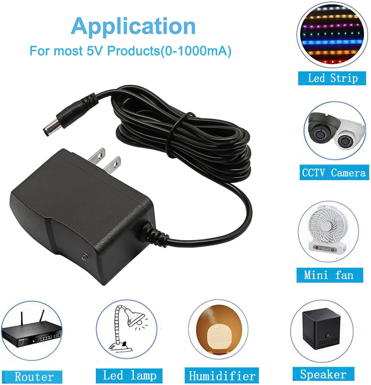 MTYTOT 5V 1A 10ft 100V-240V 5 1Amp 0.5A 8TIPS (10ft Long Power Supply Adapter AC to DC Volt Replacement Power Cord