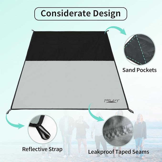 Frelaxy Pocket Picnic Blanket, Waterproof Sandproof Beach Mat, Compact Camping Tarp for Festivals, Hiking, Travel, Outdoor Recreation (Grey, 57'' x 71'')