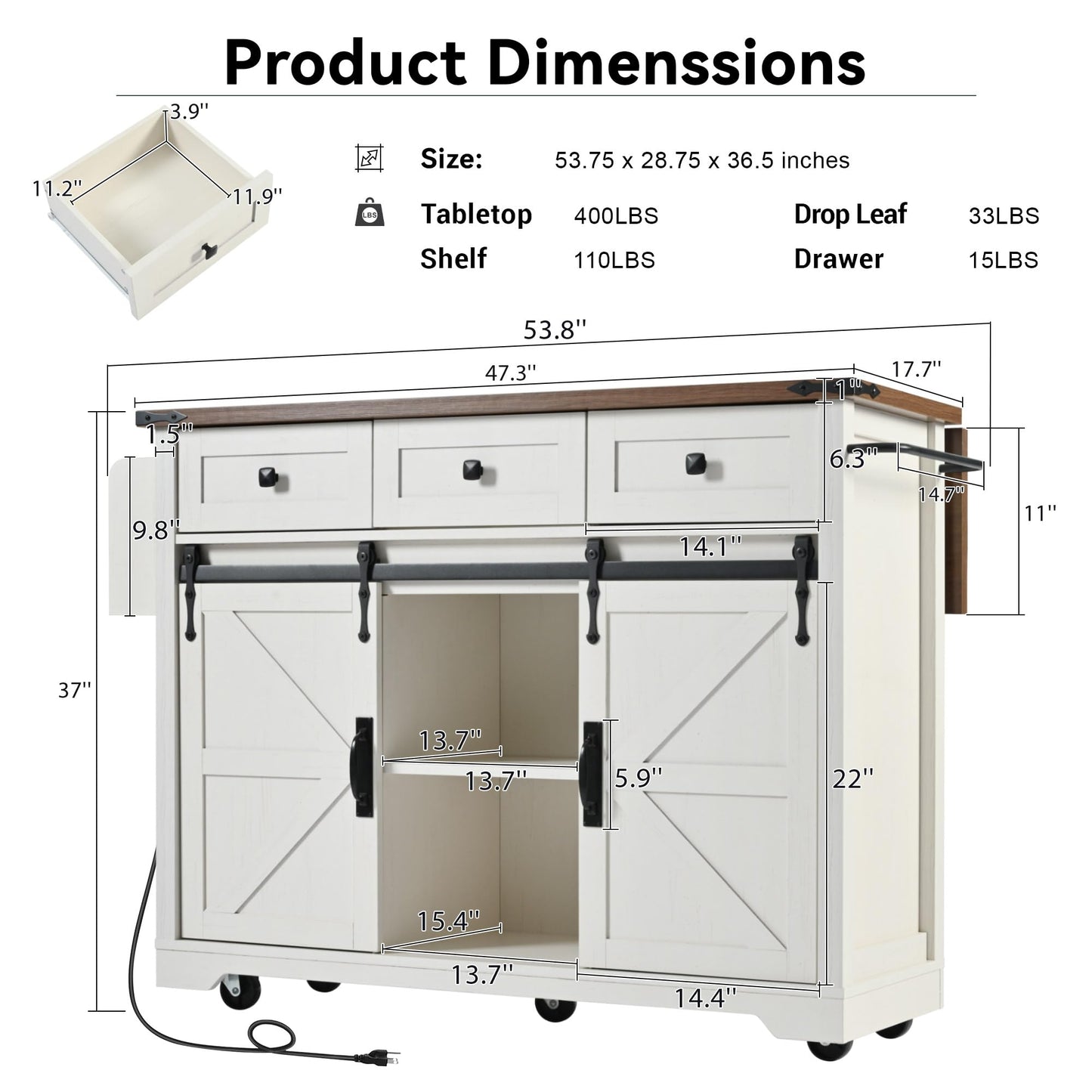 EQEY 53.7" Farmhouse Kitchen Island with Power Outlet, 2 Sliding Barn Door Kitchen Storage Island with Drop Leaf, Spice Rack Rolling Kitchen Cart on Wheels, for Home, Kitchen and Dining Room, White