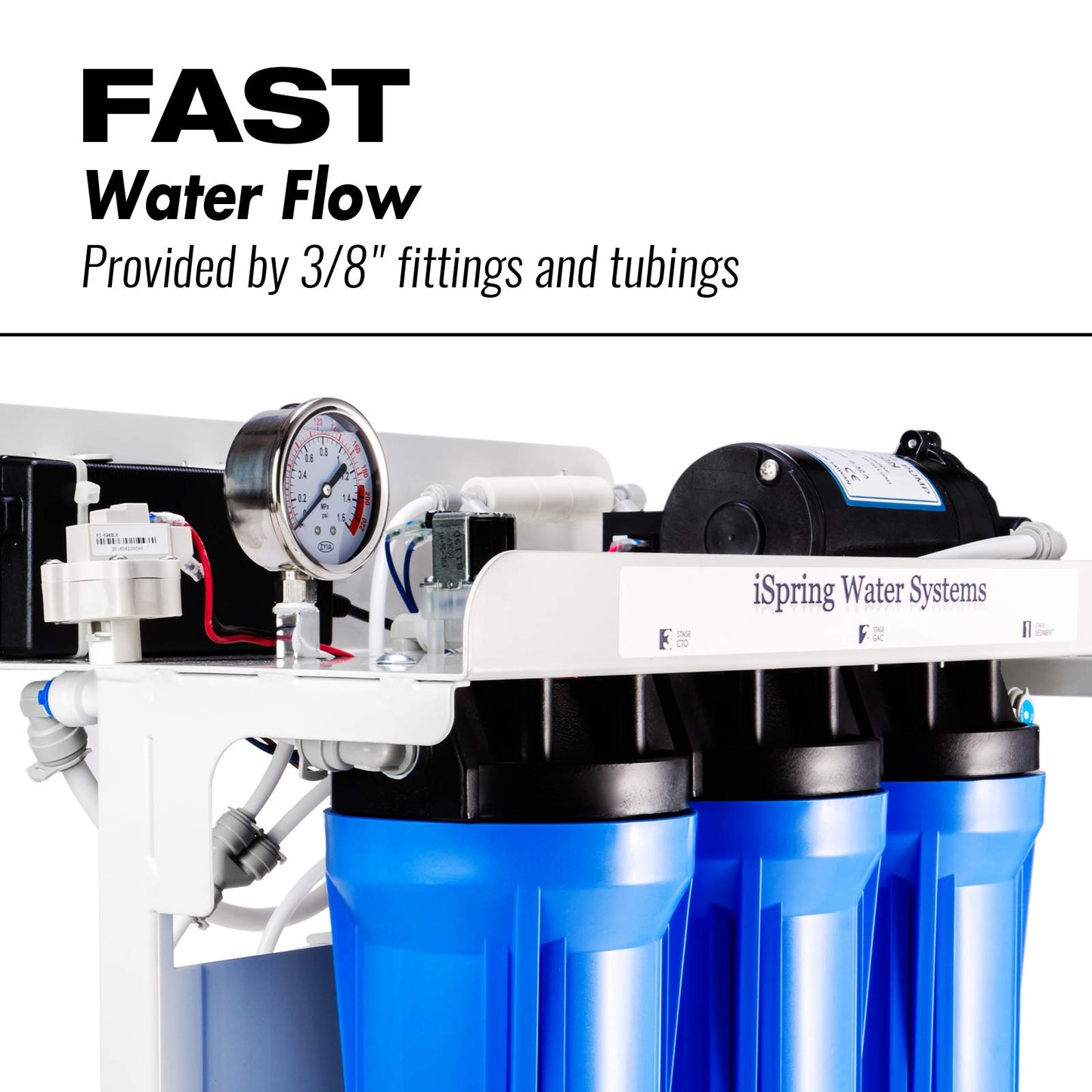 iSpring RCB3P Tankless Reverse Osmosis Filtration System, 300 GPD Under Sink RO System, Reduces TDS, 1.5:1 Pure to Drain, Booster Pump & Pressure Gauge for Residential & Light Commercial Use