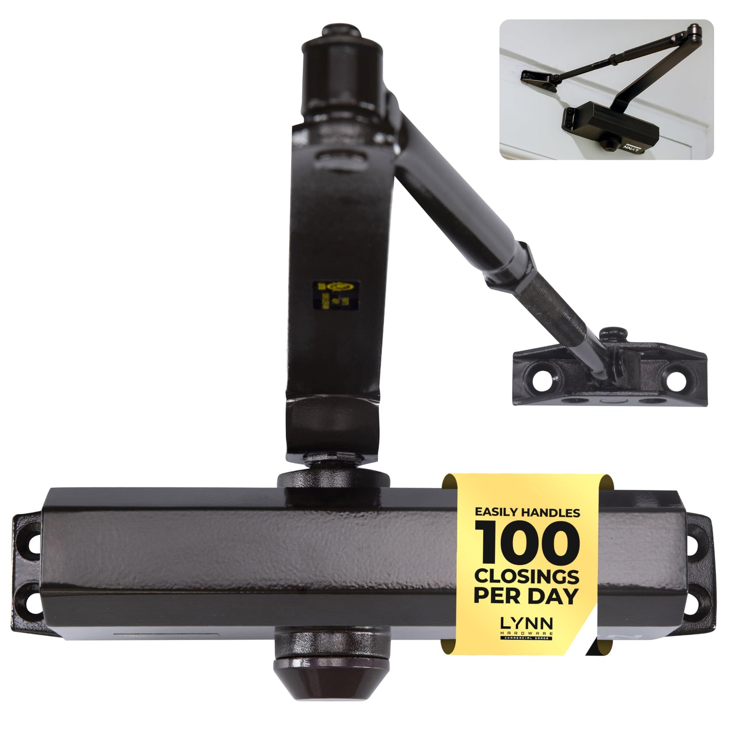 LYNN HARDWARE Medium Duty Automatic Door Closer (Dark Bronze) - Highly Durable Cast Aluminum, Commercial or Home Use, Adjustable Speed Controls, 3 Mounting Options, 3 Hour Fire Rated (DC6003 Model)