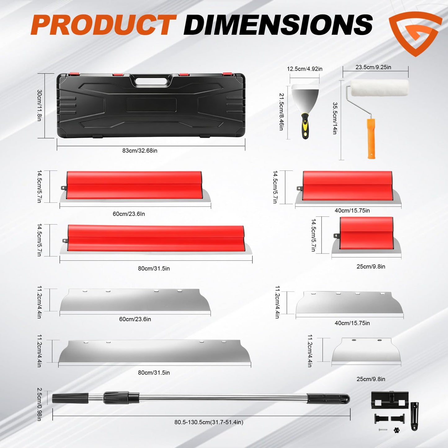Drywall Skimming Blade Set with 32" - 51" Extension Handle 9inch Compound Rollers 10in/16in/24in/32in Stainless Steel Skimming Blades for Wall Surface Smoothing Drywall Plaster Wallboard