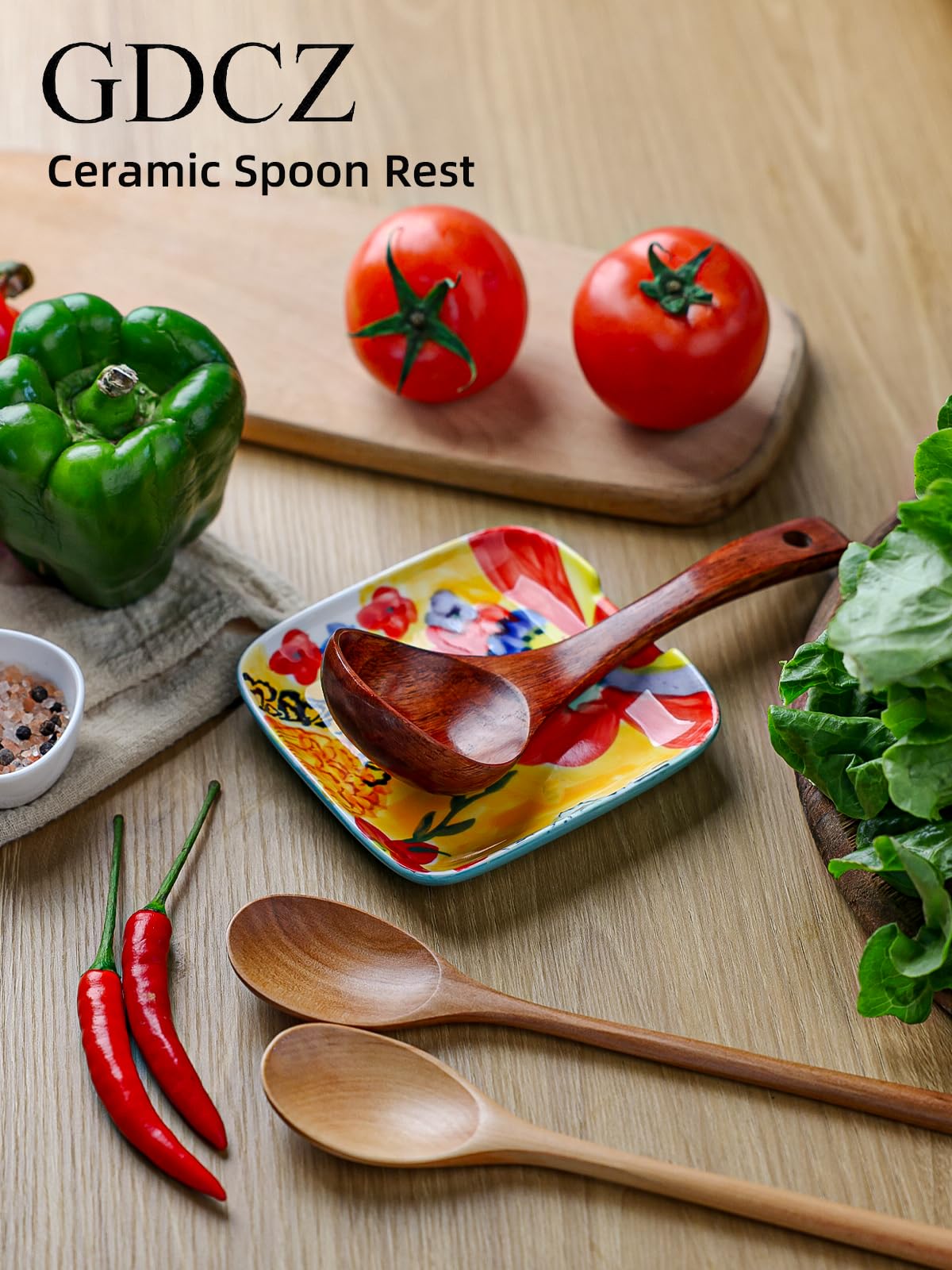 Colorful Hand Painted Spoon Rest 4.75 Inches Ceramic Spoon Holder for Kitchen Counter Stove Top, Dishwasher Safe, Multicolor