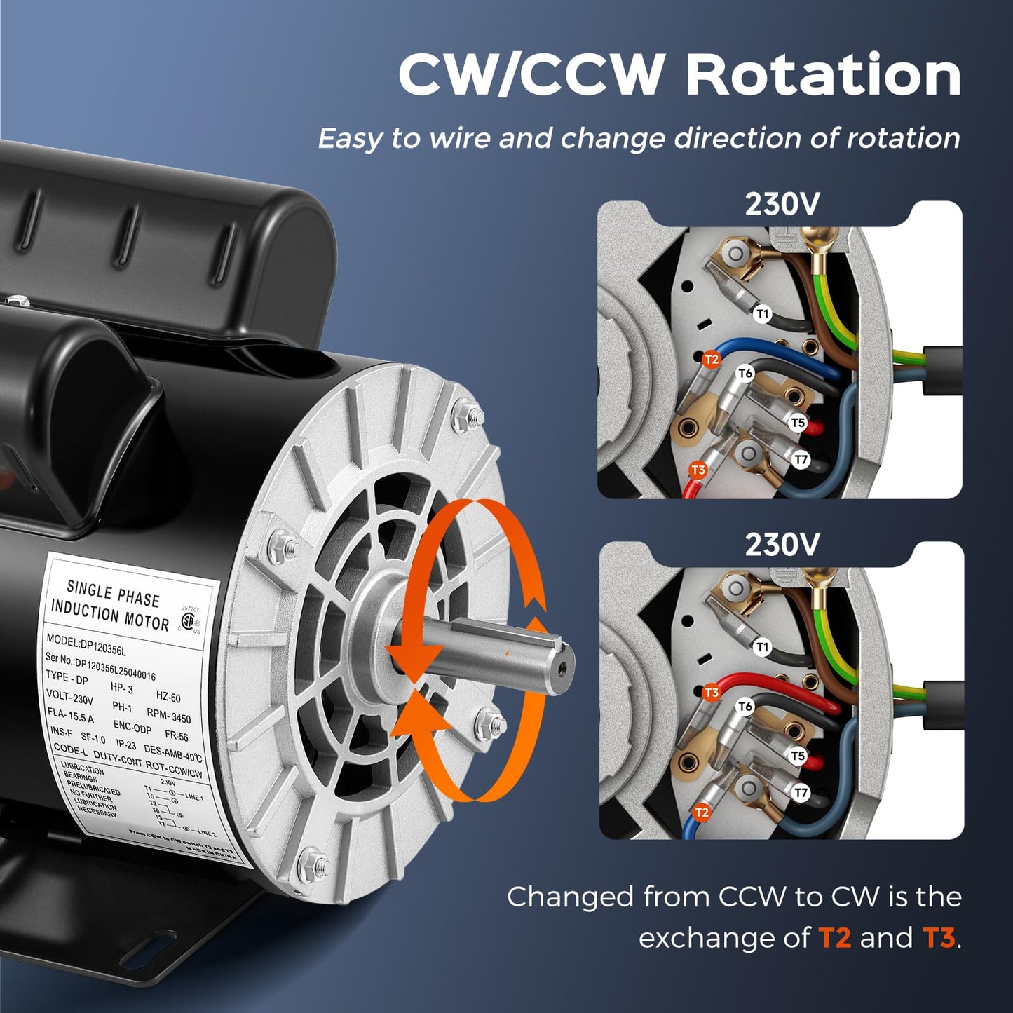 Bonvoisin 3HP Air Compressor Motor 56 Frame 3450RPM Single Phase Electric Motor, 5/8" Keyed Shaft, 1.88" Shaft Length, CCW/CW Rotation, 230V, 15.5 Amps