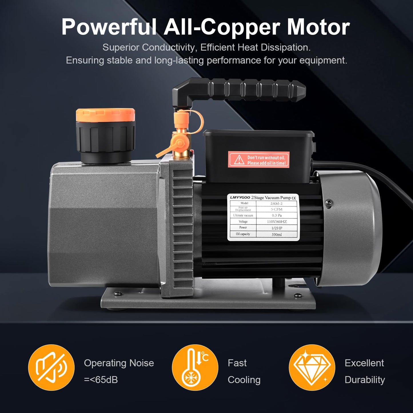 LMYYGOO 5 CFM 2-Stage HVAC Vacuum Pump, 1/2 HP Sparkless Motor, Deep Vacuum Pump for R32 R1234yf R410a R134a, Automotive AC & Mini Split Refrigeration System Evacuation