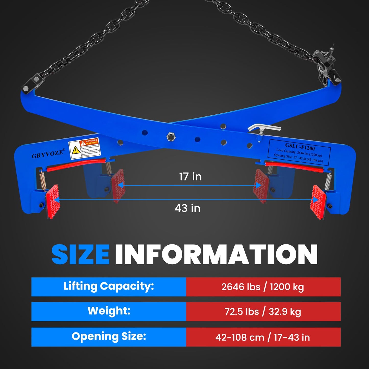 GRYVOZE 2646 lbs Stone Lifting Clamp, Adjustable Range: 17"-43" Granite Slab Lifting Clamp, Heavy Duty Scissor Clamps for Carrying and Vertical Transport of Concrete Blocks, Slate Sheets, Curb Stones