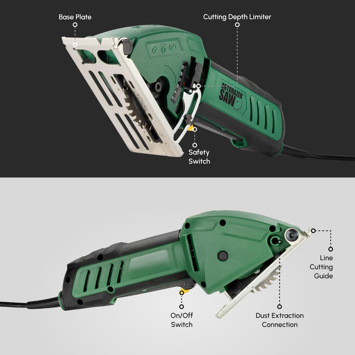 Official ROTORAZER Compact Circular Saw Set for DIY Projects - Cut Drywall, Tile, Grout, Metal, Pipes, PVC, Plastic, Copper, and Carpet w/Blades, Dust Collector & Case - AS SEEN ON TV (Green)